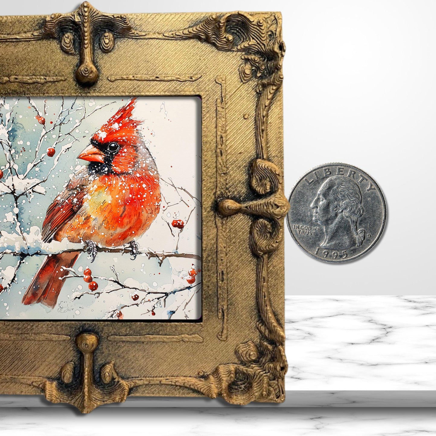 Wintery Cardinal Scene Tiny Art Fridge Magnet Gold Framed Fridgescaping Art Picture Gallery Tiny Art Gift for Her Wife Mom