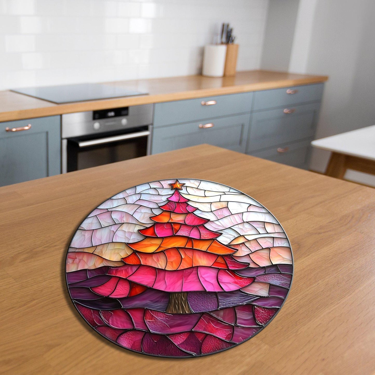 Pink Orange Christmas Tree Glass Cutting Board Trivet Hot Plate Charcuterie Board Gift for Her Mom Christmas Housewarming