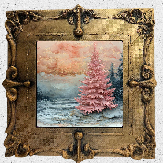 Pink Christmas Tree Gold Framed Refrigerator Magnet, Mini Art, Grand Millennial Style, Artful Kitchen Decor, Gift for Her fridgescaping