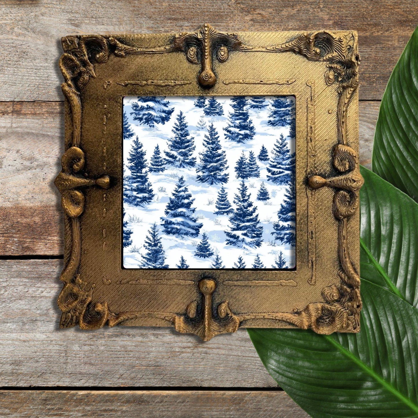 Blue Toile Snowy Christmas Tiny Art Fridge Magnet Gold Framed Fridgescaping Art Picture Gallery Tiny Art Gift for Her Wife Mom