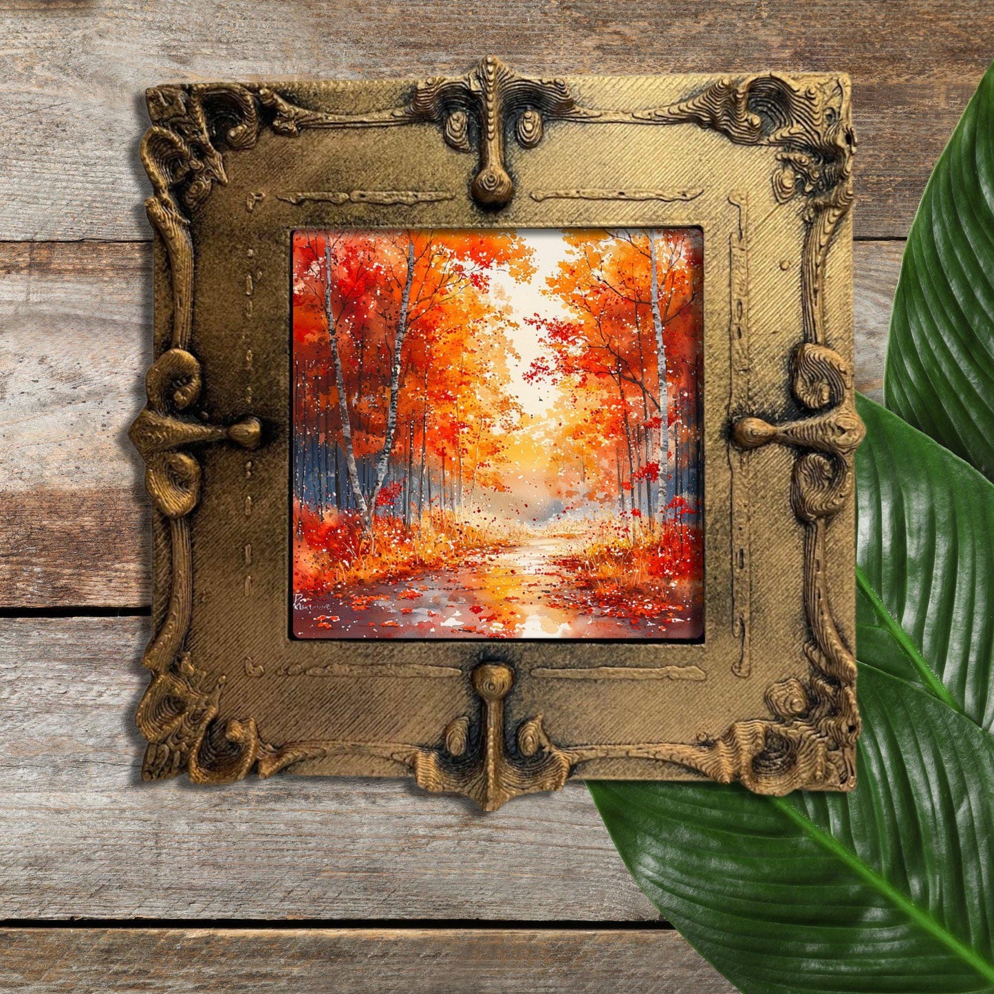 Fall Orange Foilage Gold Framed Refrigerator Magnet, Mini Art, Grand Millennial Style, Artful Kitchen Decor, Gift for Her fridgescaping