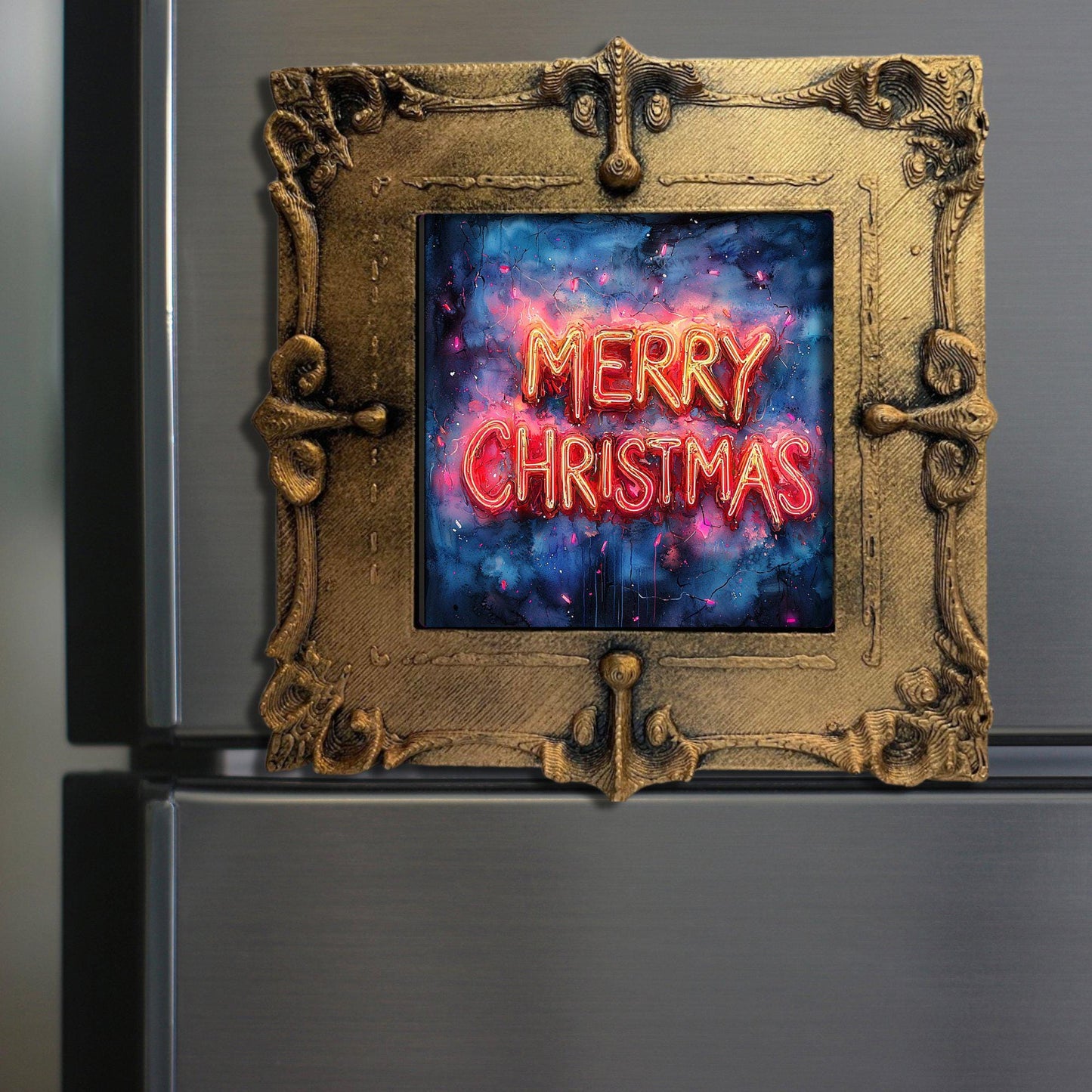 Merry Christmas Sign Tiny Art Fridge Magnet Gold Framed Fridgescaping Art Picture Gallery Tiny Art Gift for Her Wife Mom