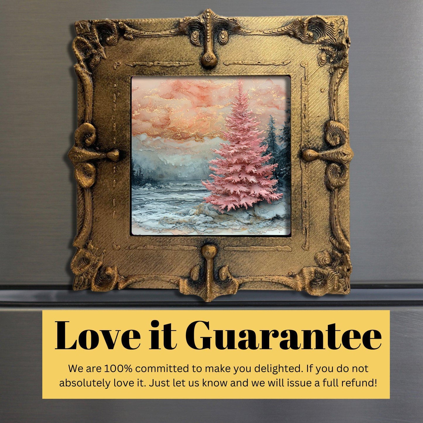 Pink Christmas Tree Gold Framed Refrigerator Magnet, Mini Art, Grand Millennial Style, Artful Kitchen Decor, Gift for Her fridgescaping