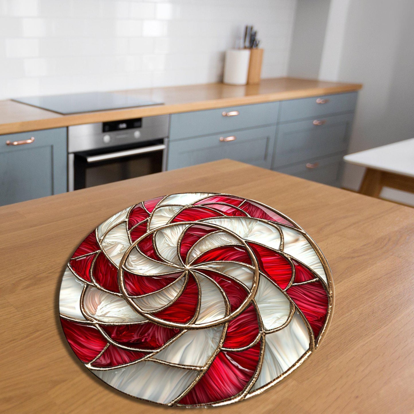 Candy Cane Swirl Glass Cutting Board 8-inch Round Trivet Charcuterie Board Gift for Her Mom Kitchen Decor