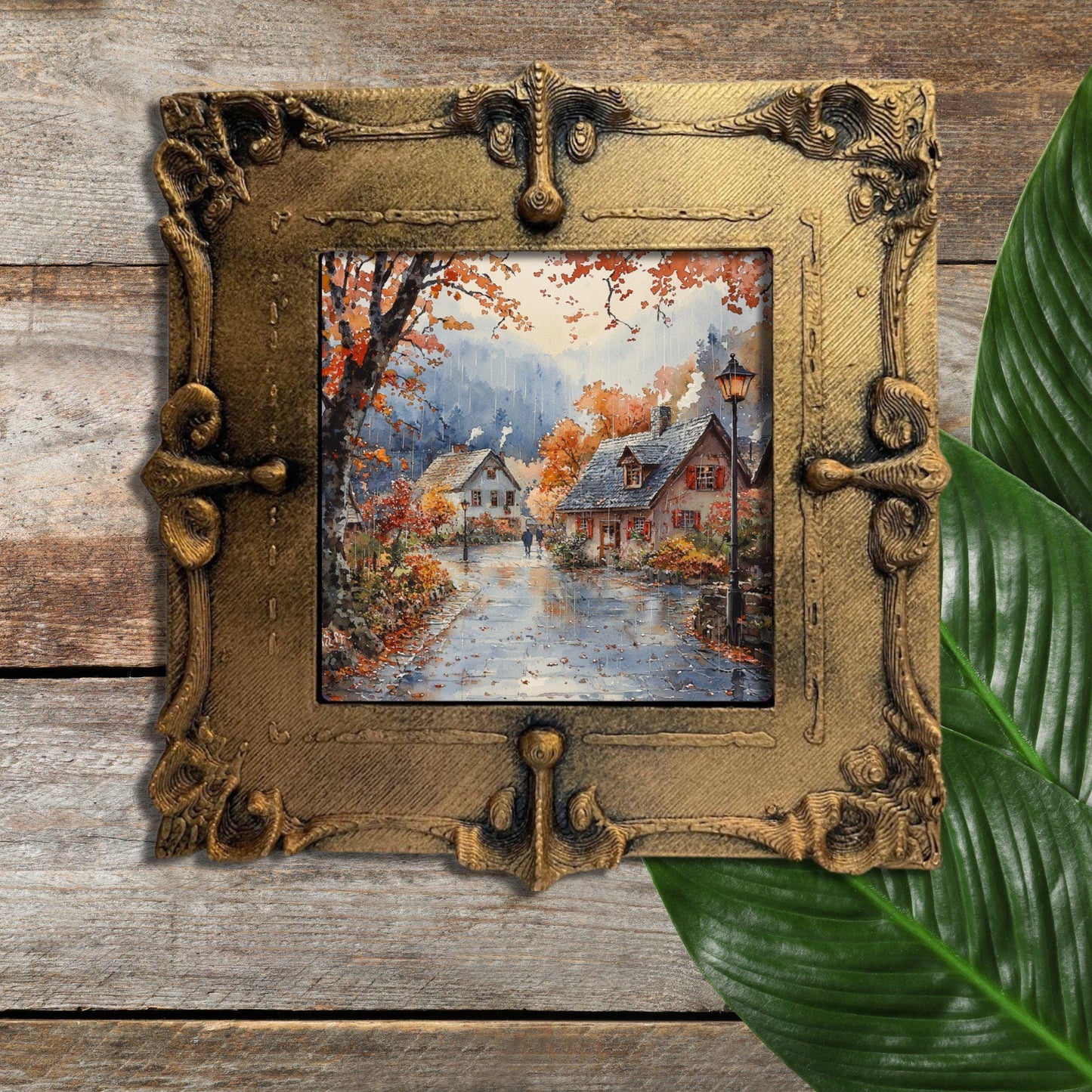 Rainy Autumn Village Gold Framed Refrigerator Magnet, Mini Art, Grand Millennial Style, Artful Kitchen Decor, Gift for Her fridgescaping