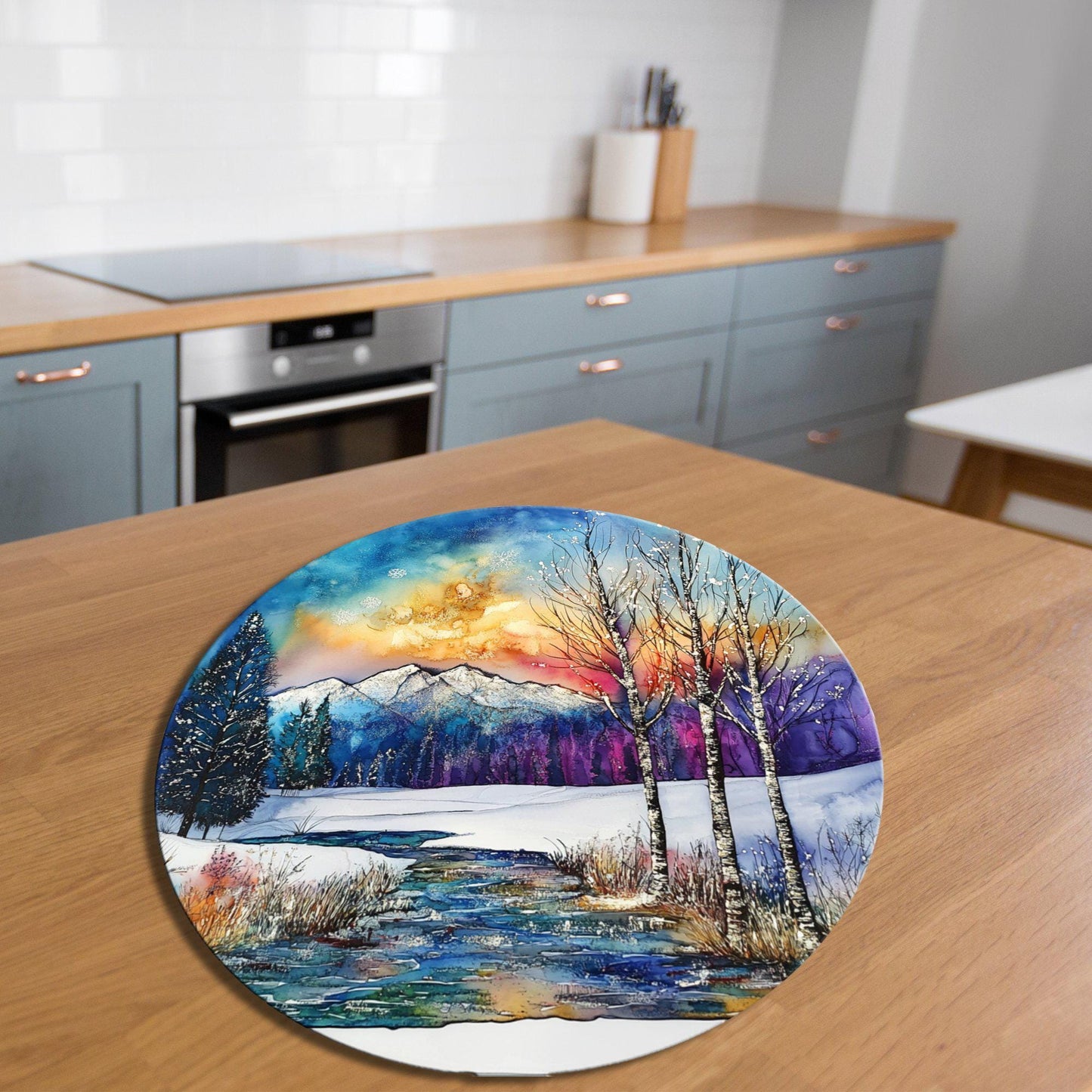 Peaceful Winter Meadow Glass Cutting Board 8-inch Round Trivet Charcuterie Board Gift for Her Mom Kitchen Decor