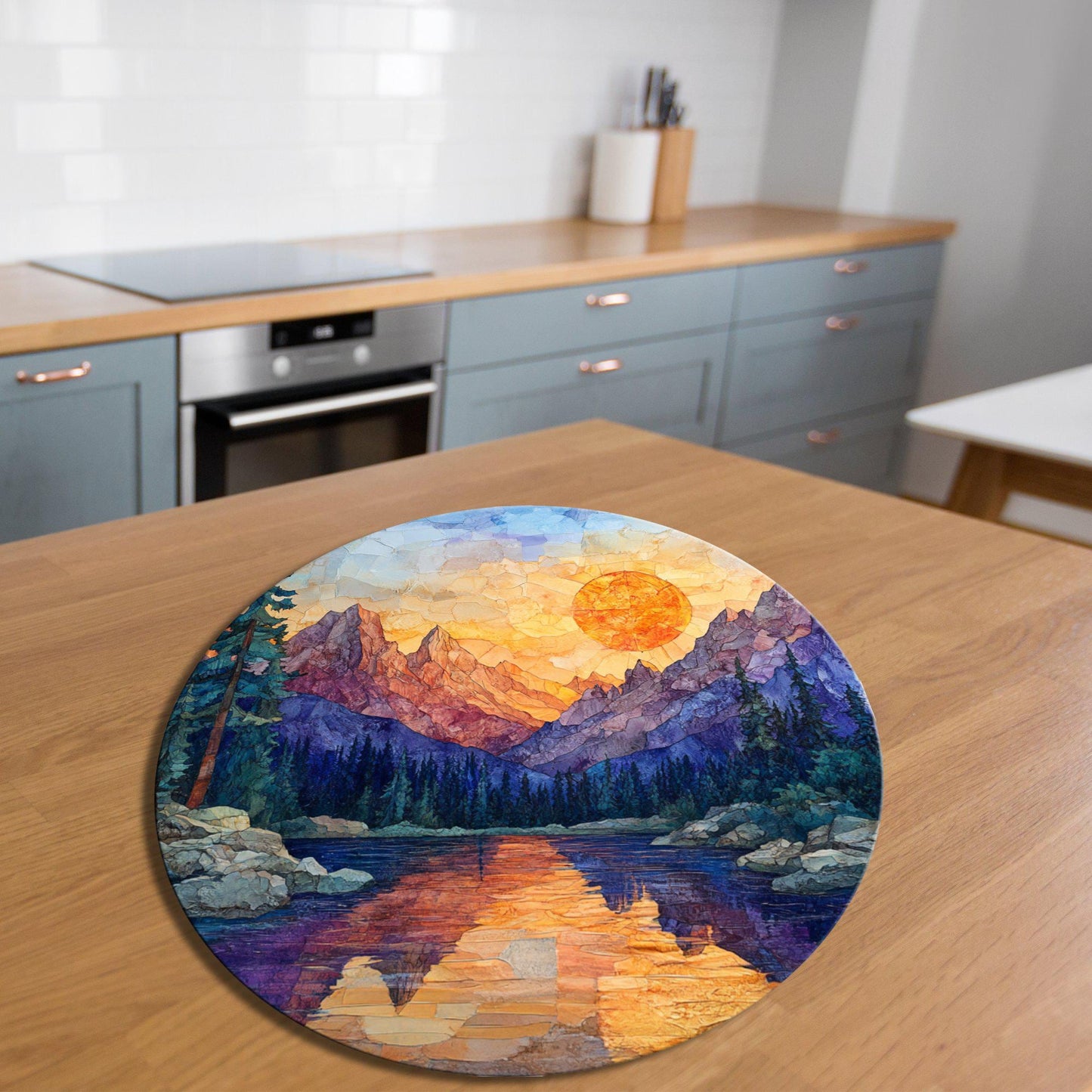 Rocky Mountain Sunrise Glass Cutting Board 8-inch Round Trivet Charcuterie Board Gift for Her Mom Kitchen Decor