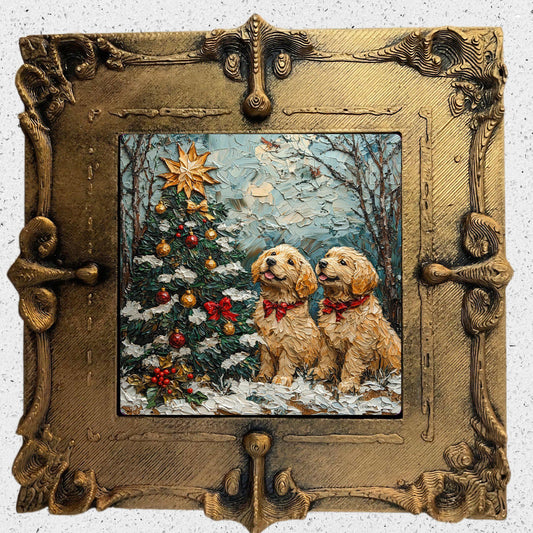 Puppy Christmas Tree Tiny Art Fridge Magnet Gold Framed Fridgescaping Art Picture Gallery Tiny Art Gift for Her Wife Mom