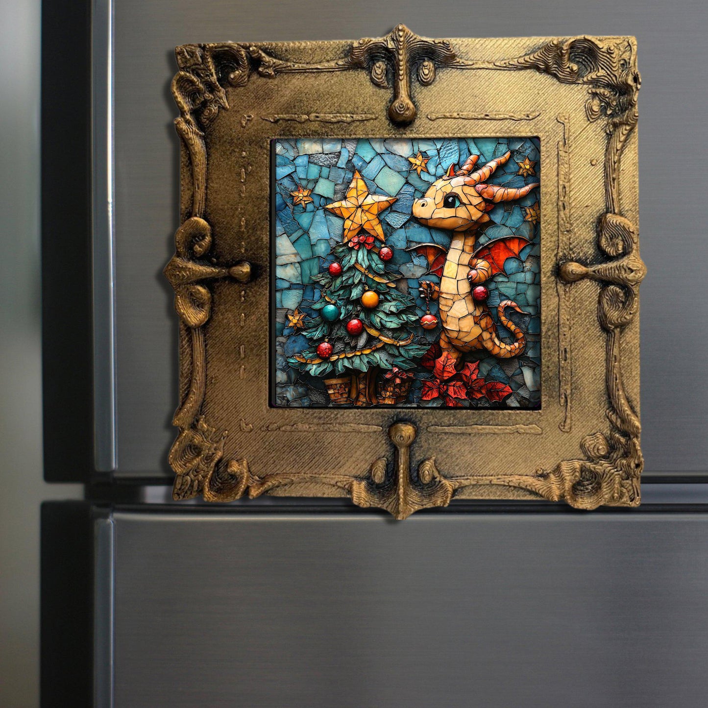 Dragon Christmas Tree Tiny Art Fridge Magnet Gold Framed Fridgescaping Art Picture Gallery Tiny Art Gift for Her Wife Mom