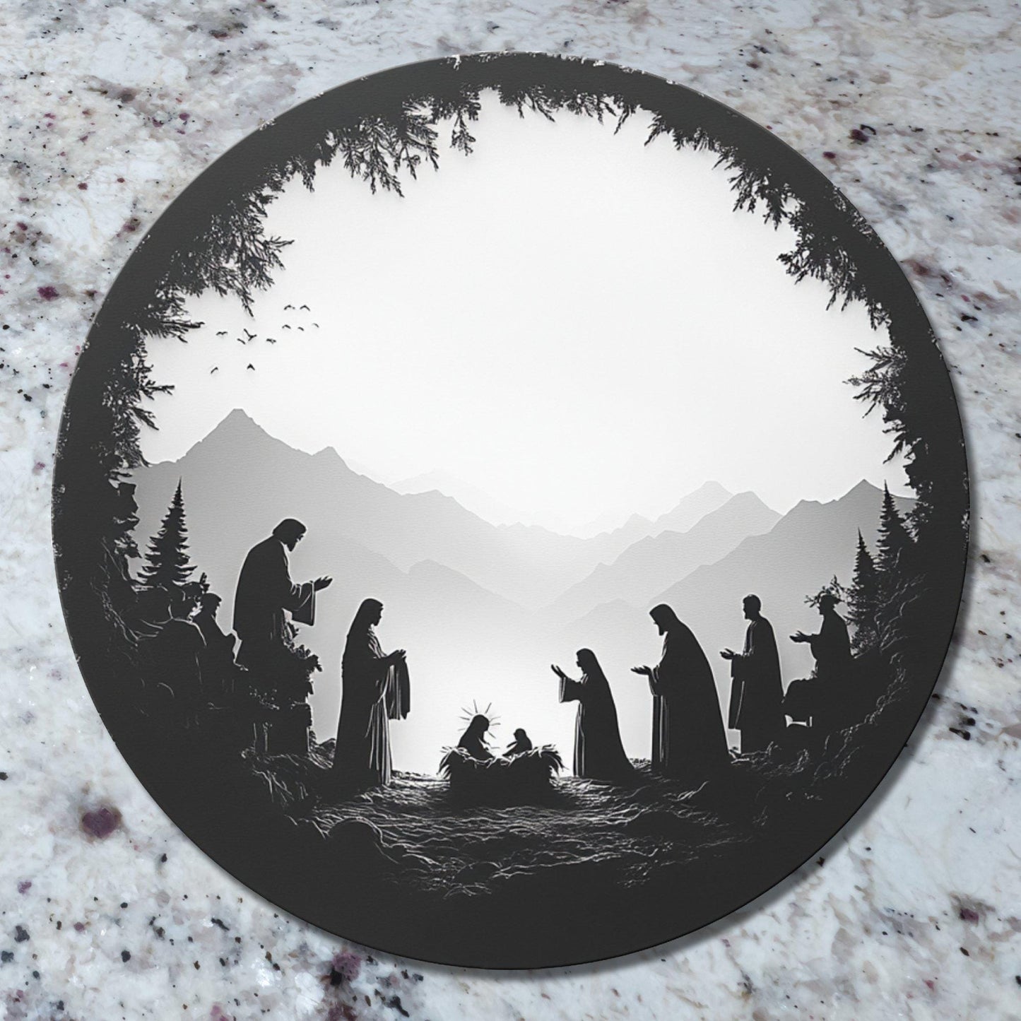 Silhouette Nativity Glass Cutting Board 8-inch Round Trivet Charcuterie Board Gift for Her Mom Kitchen Decor