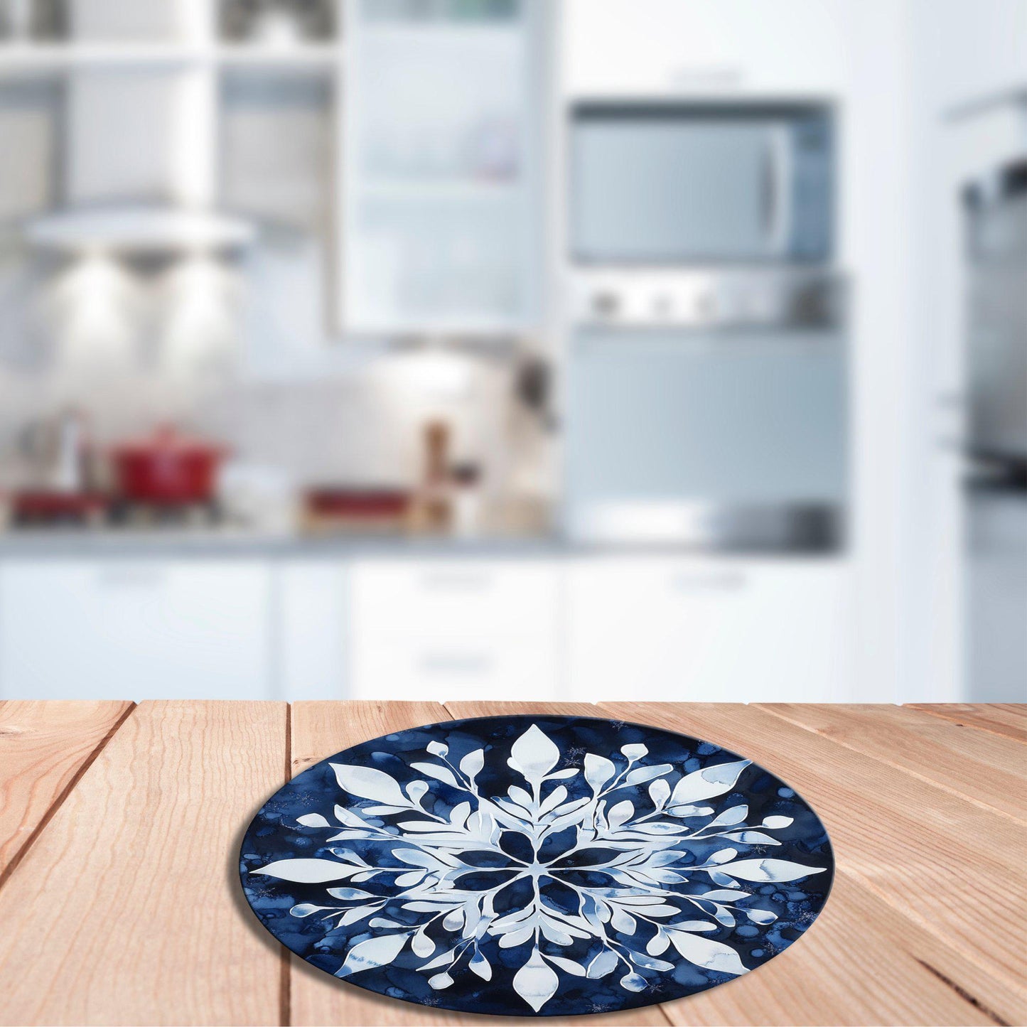 Scandinavian Snowflake Glass Cutting Board 8-inch Round Trivet Charcuterie Board Gift for Her Mom Kitchen Decor