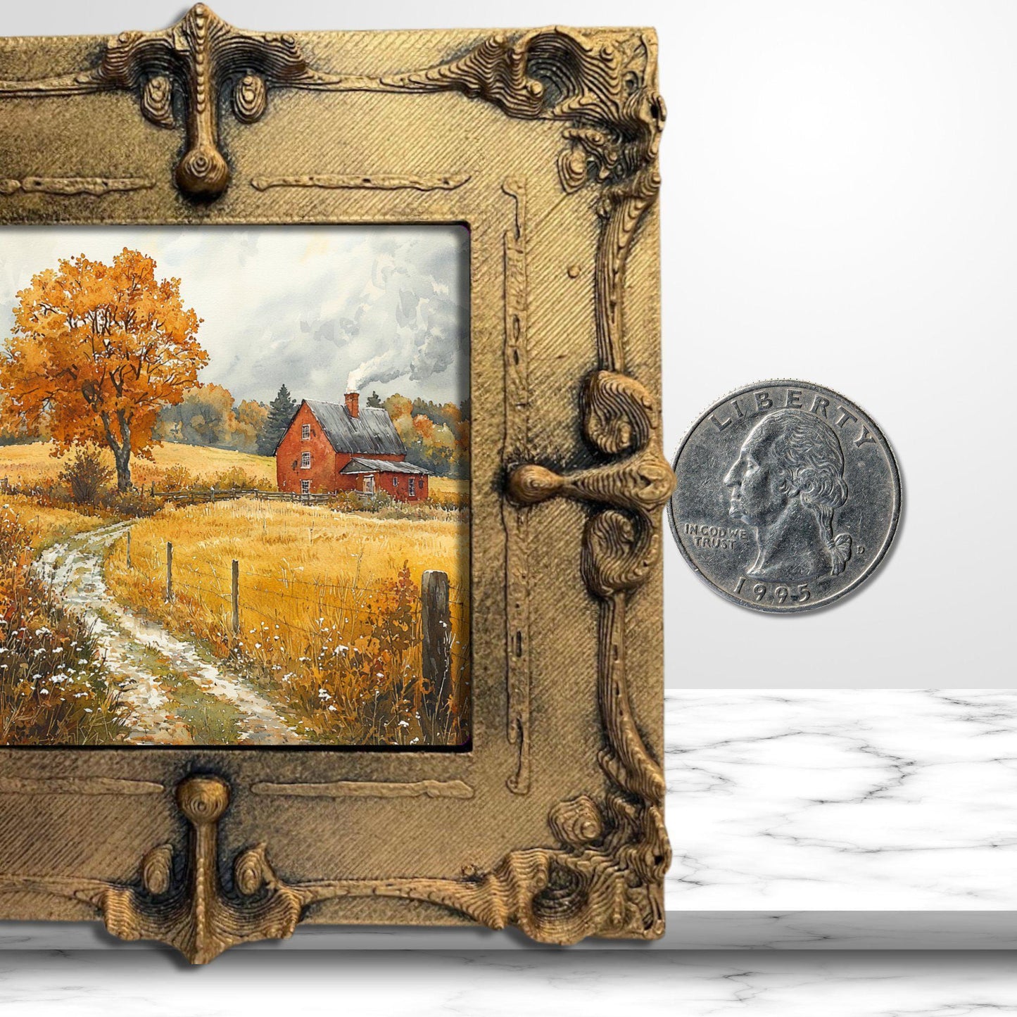 Rainy Autumn Farm Gold Framed Refrigerator Magnet, Mini Art, Grand Millennial Style, Artful Kitchen Decor, Gift for Her fridgescaping