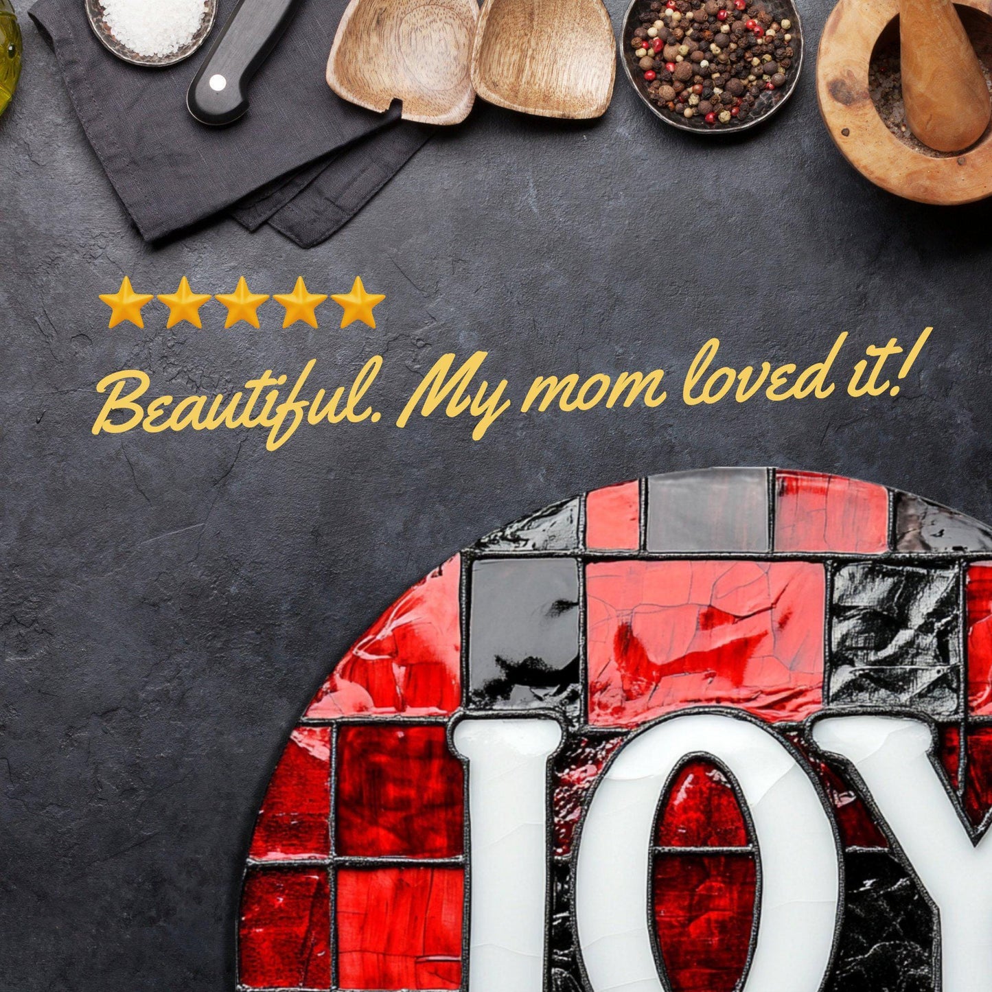 Joy on Red and Black Glass Cutting Board 8-inch Round Trivet Charcuterie Board Gift for Her Mom Kitchen Decor