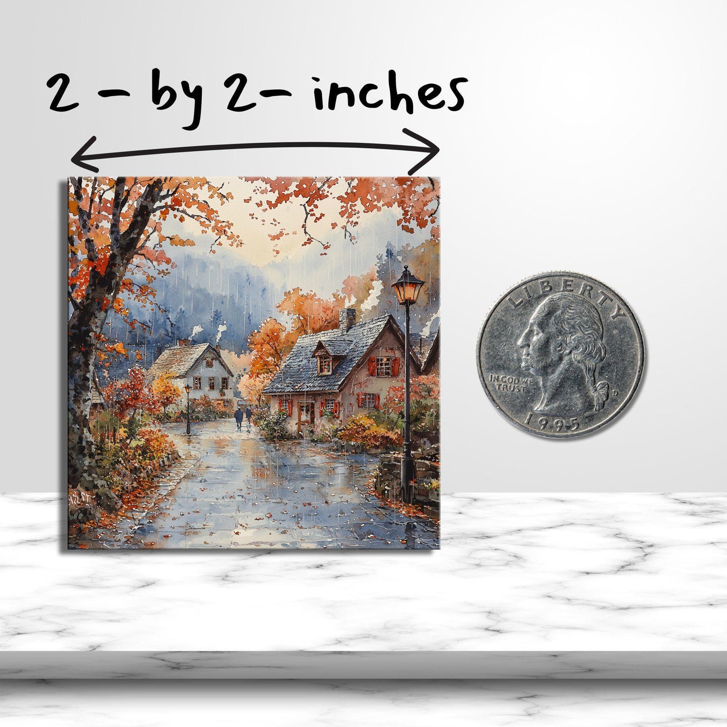 Rainy Autumn Village Gold Framed Refrigerator Magnet, Mini Art, Grand Millennial Style, Artful Kitchen Decor, Gift for Her fridgescaping