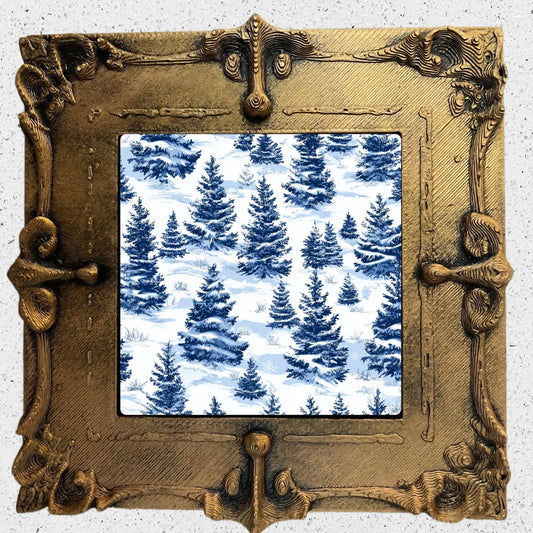 Blue Toile Snowy Christmas Tiny Art Fridge Magnet Gold Framed Fridgescaping Art Picture Gallery Tiny Art Gift for Her Wife Mom