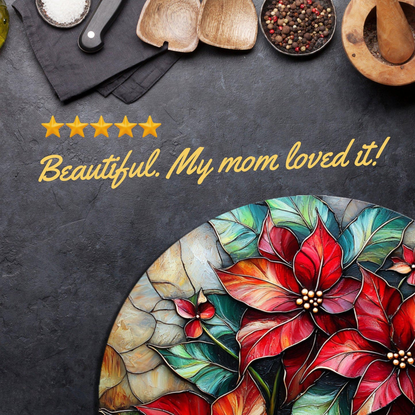 Christmas Floral Glass Cutting Board 8-inch Round Trivet Charcuterie Board Gift for Her Mom Kitchen Decor