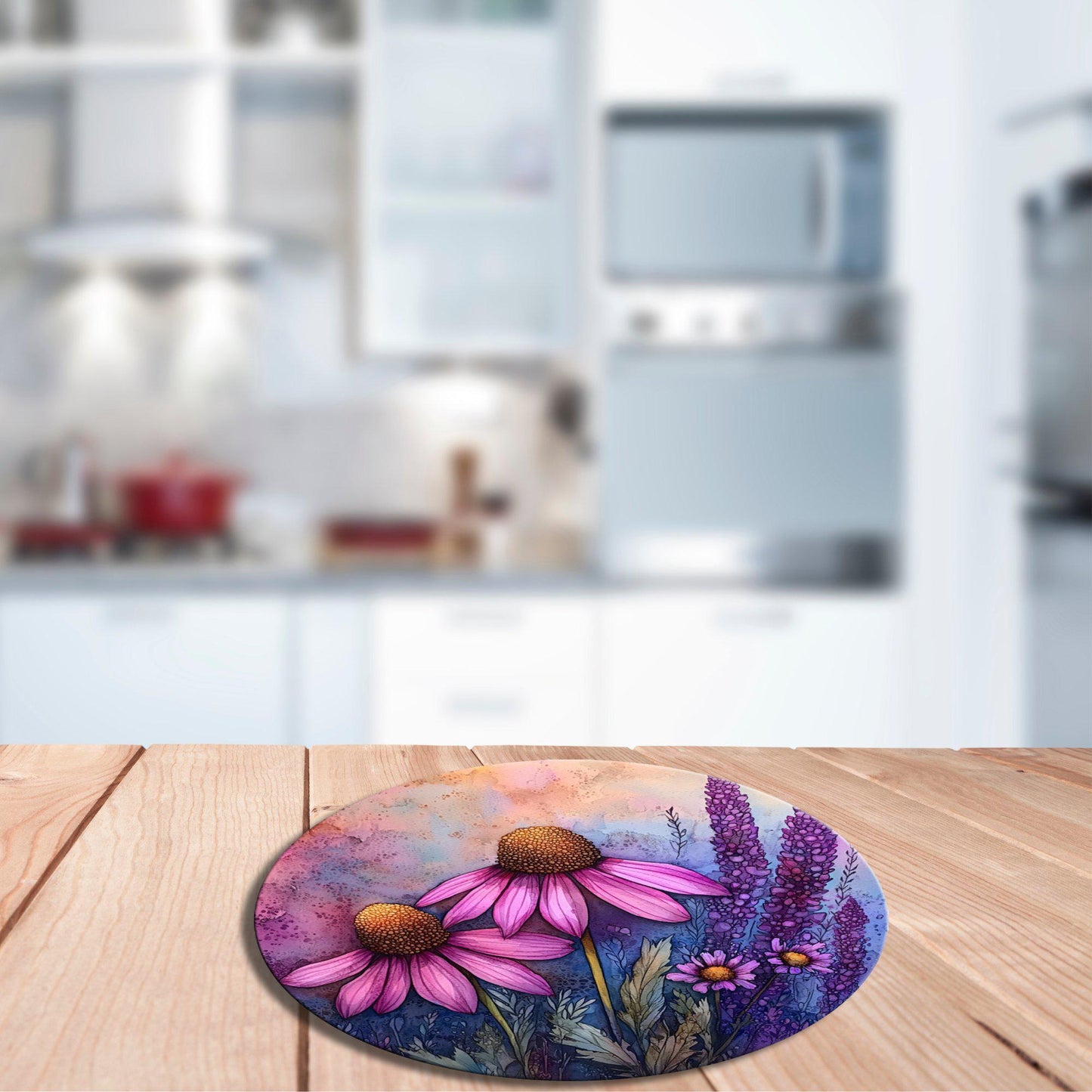 Cone Flower Glass Cutting Board 8-inch Round Trivet Charcuterie Board Gift for Her Mom Kitchen Decor