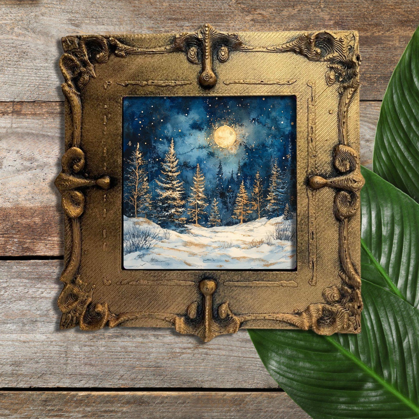 Snow Covered Pine Trees Gold Framed Refrigerator Magnet, Mini Art, Grand Millennial Style, Artful Kitchen Decor, Gift for Her fridgescaping