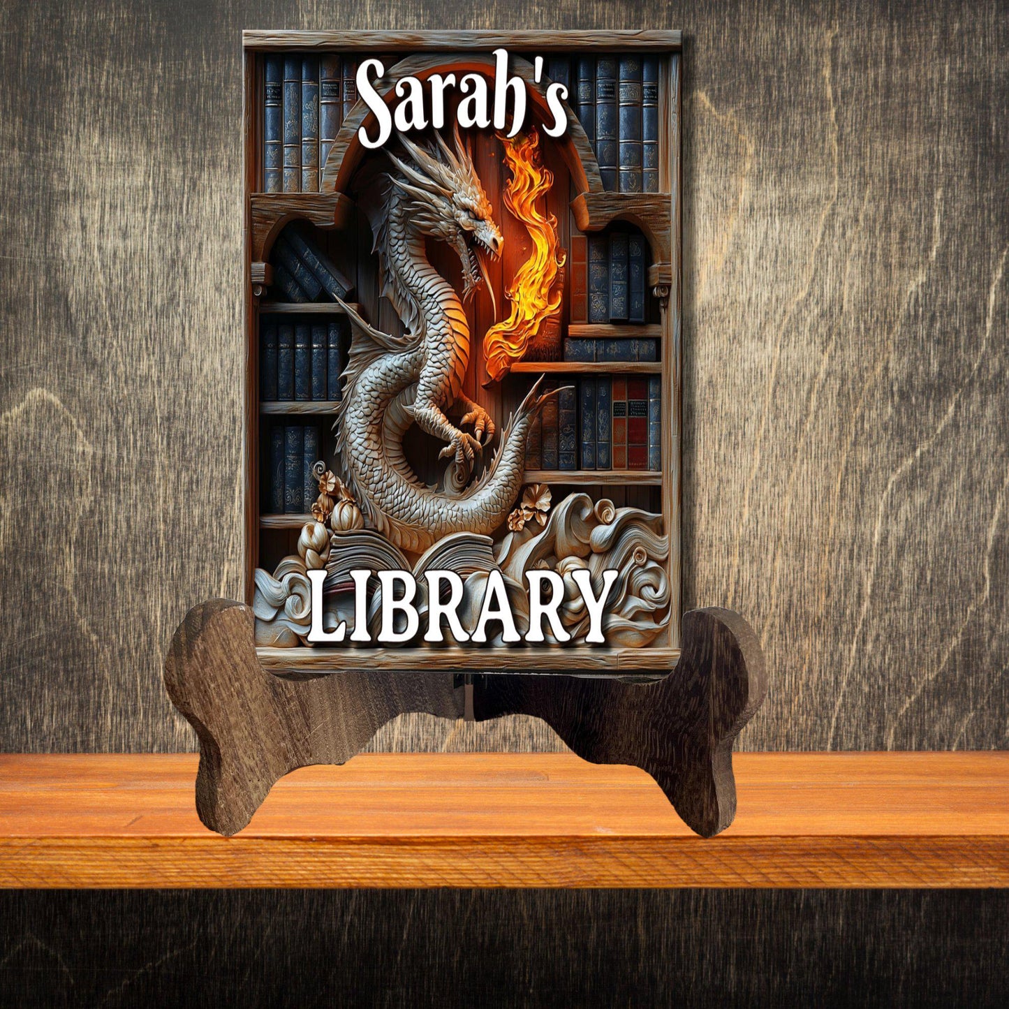 White Fiery Dragon Personalized Library Sign Fire Breathing Dragon Bookshelf Decor