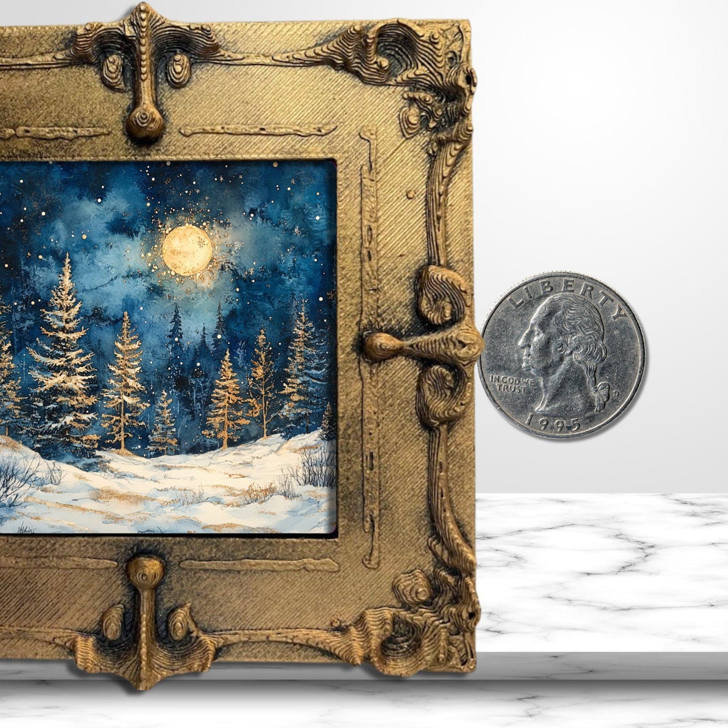 Snow Covered Pine Trees Gold Framed Refrigerator Magnet, Mini Art, Grand Millennial Style, Artful Kitchen Decor, Gift for Her fridgescaping