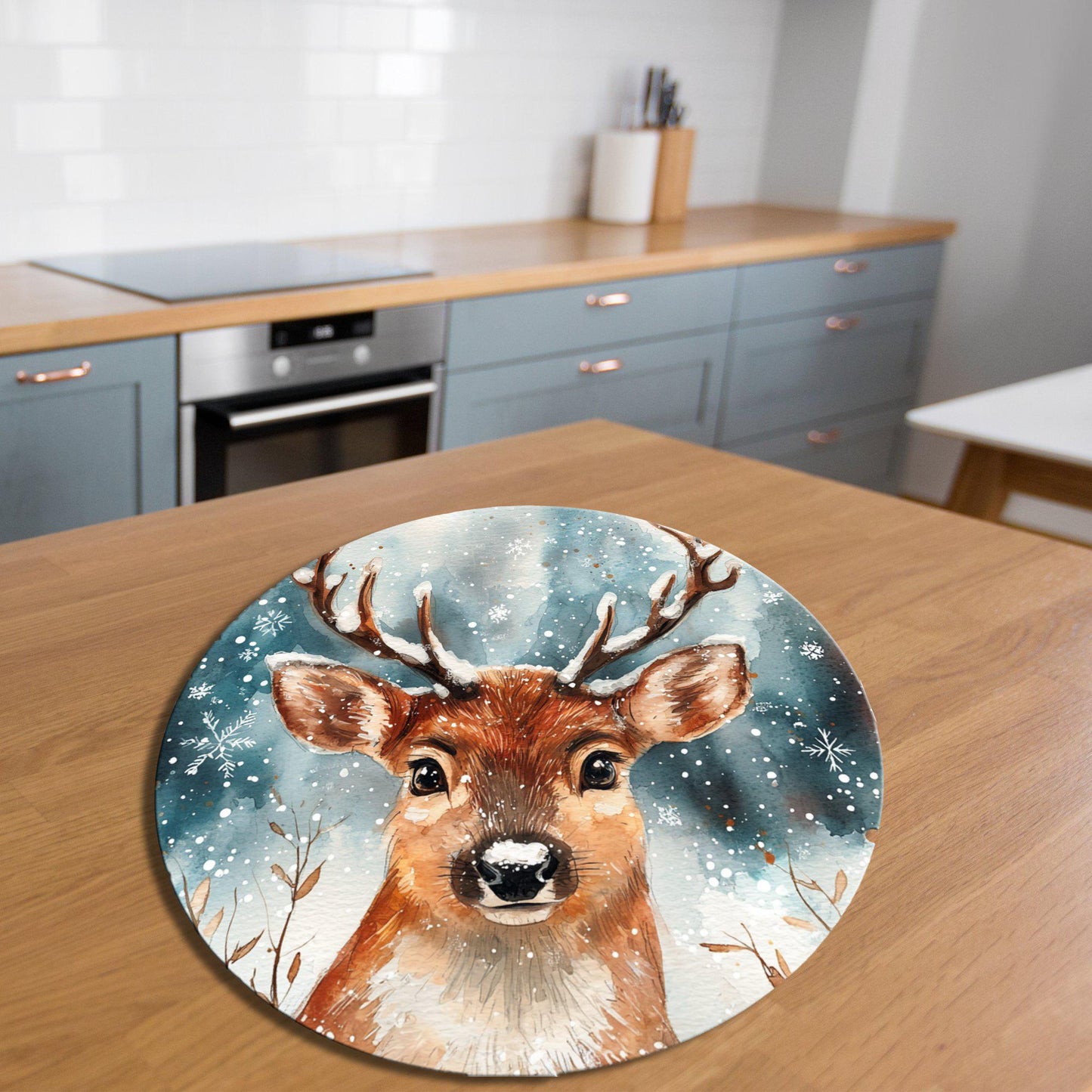 Reindeer is Friendly Glass Cutting Board 8-inch Round Trivet Charcuterie Board Gift for Her Mom Kitchen Decor