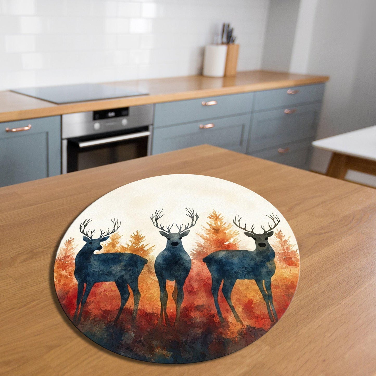 Nordic Deer in Blue and Orange Glass Cutting Board 8-inch Round Trivet Charcuterie Board Gift for Her Mom Kitchen Decor