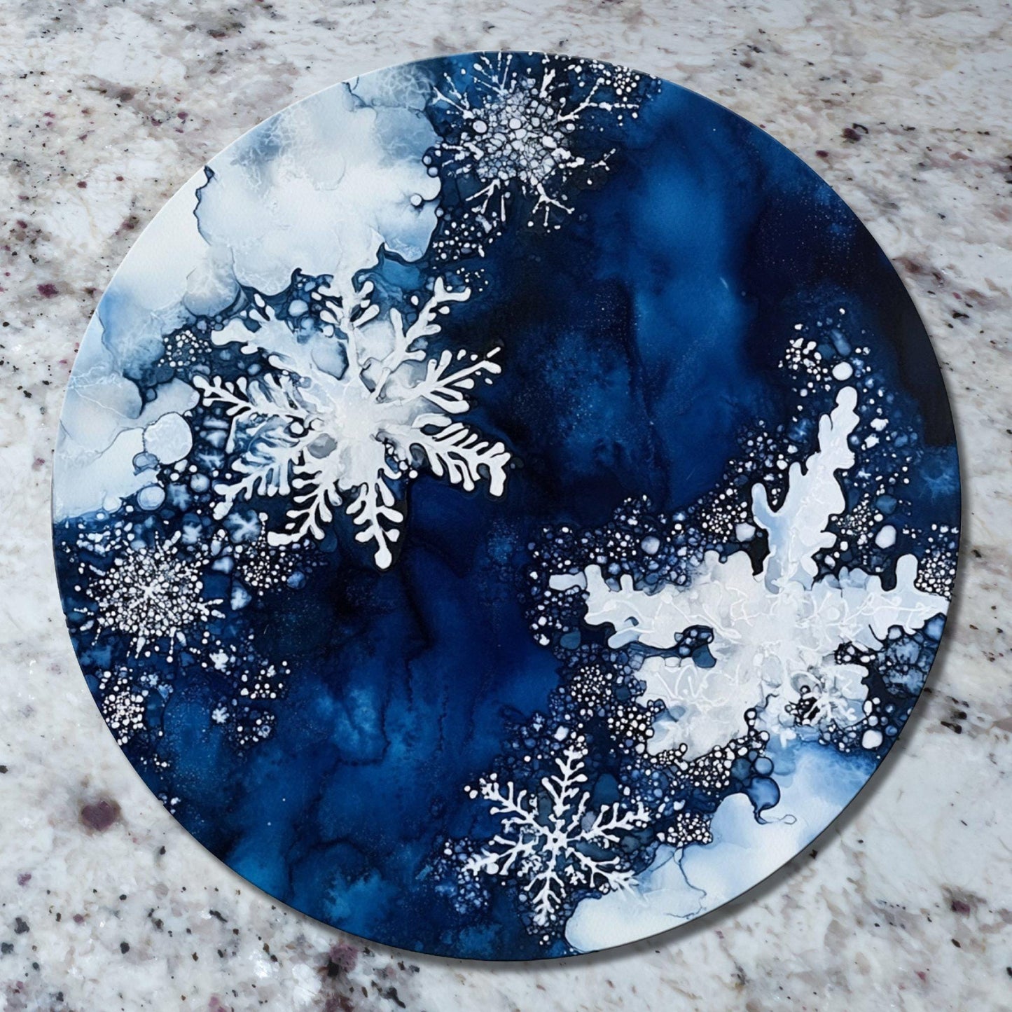 Snowflakes on Deep Blue Glass Cutting Board 8-inch Round Trivet Charcuterie Board Gift for Her Mom Kitchen Decor