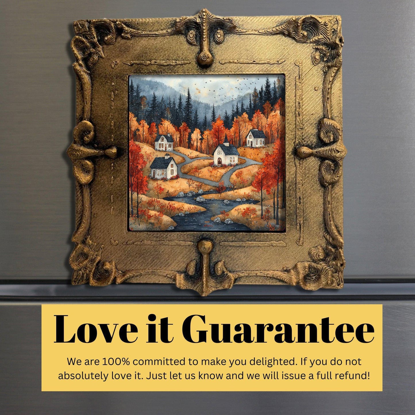 Fall Village Gold Framed Refrigerator Magnet, Mini Art, Grand Millennial Style, Artful Kitchen Decor, Gift for Her fridgescaping