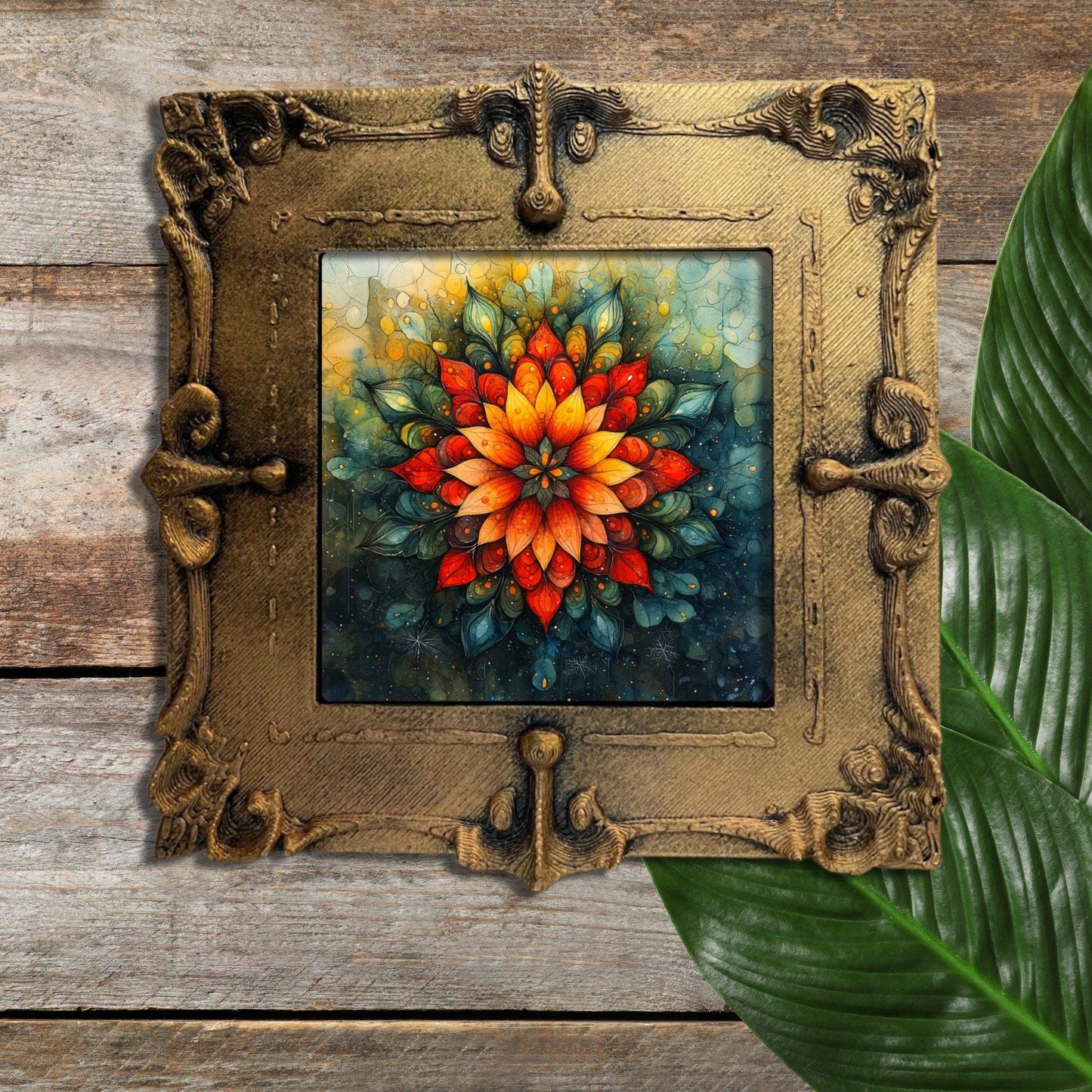 Christmas Themed Mandala Tiny Art Fridge Magnet Gold Framed Fridgescaping Art Picture Gallery Tiny Art Gift for Her Wife Mom