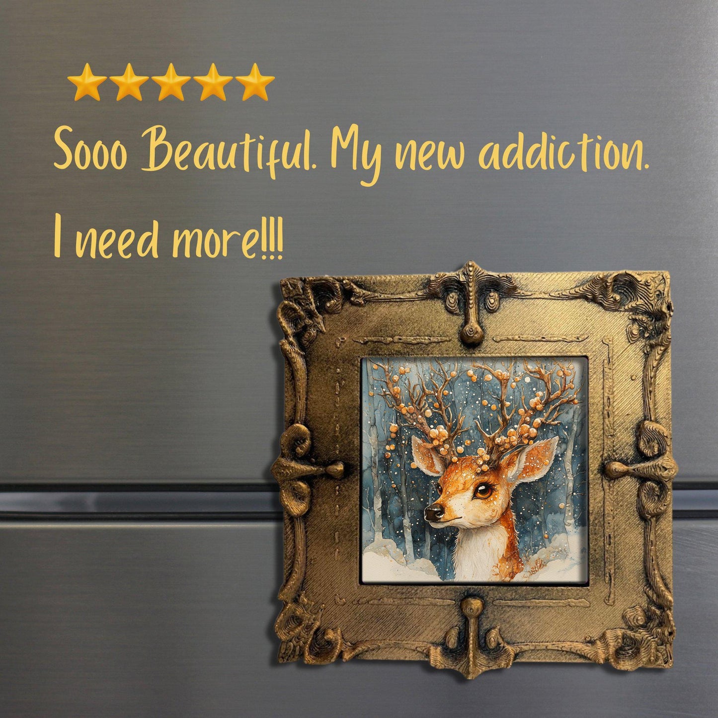 Reindeer Christmas Tiny Art Fridge Magnet Gold Framed Fridgescaping Art Picture Gallery Tiny Art Gift for Her Wife Mom