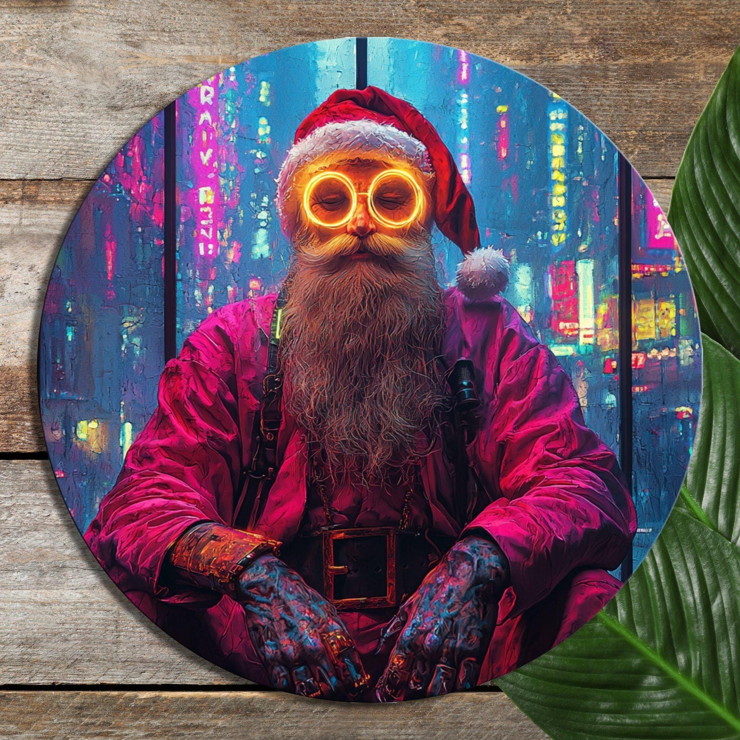 Cyberpunk Santa Glass Cutting Board 8-inch Round Trivet Charcuterie Board Gift for Her Mom Kitchen Decor