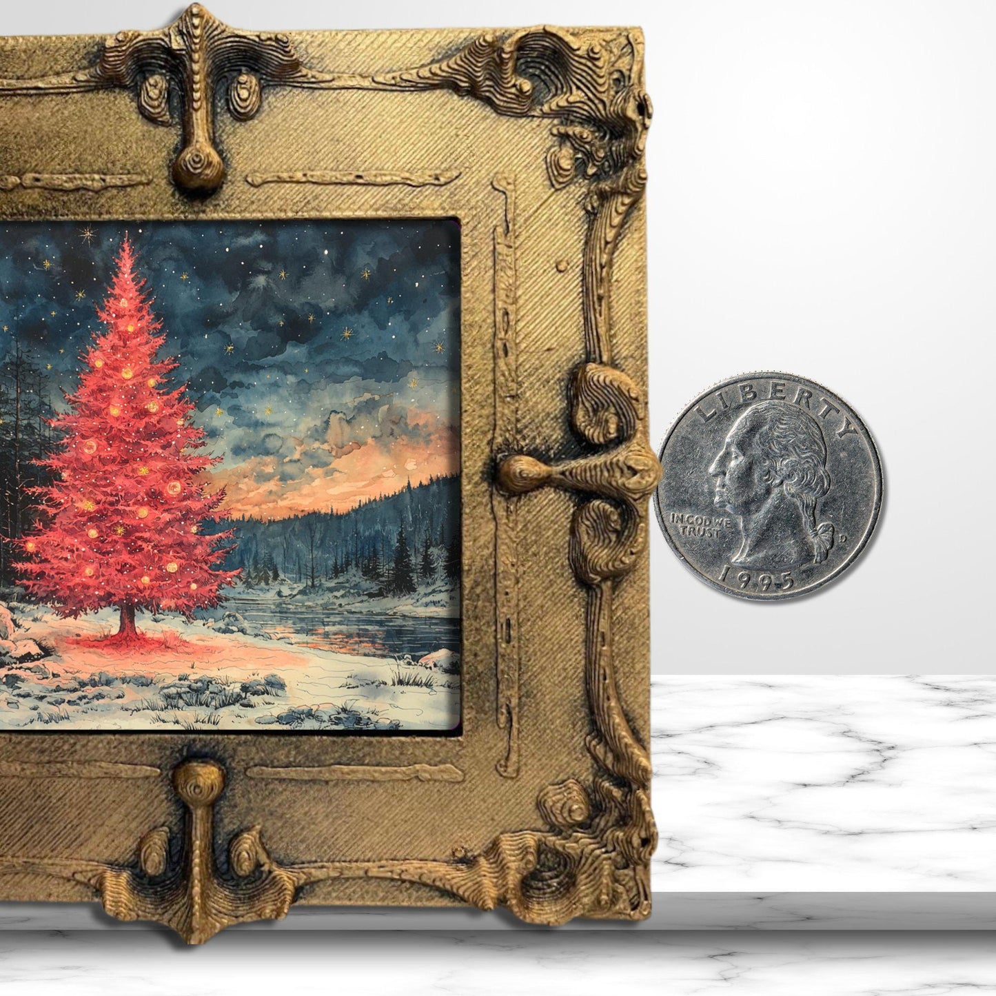 Pink Christmas Tree Gold Framed Refrigerator Magnet, Mini Art, Grand Millennial Style, Artful Kitchen Decor, Gift for Her fridgescaping