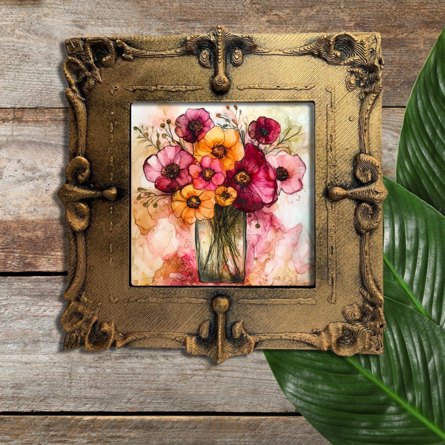 Flowers in a Vase Gold Framed Refrigerator Magnet, Mini Art, Grand Millennial Style, Artful Kitchen Decor, Gift for Her fridgescaping