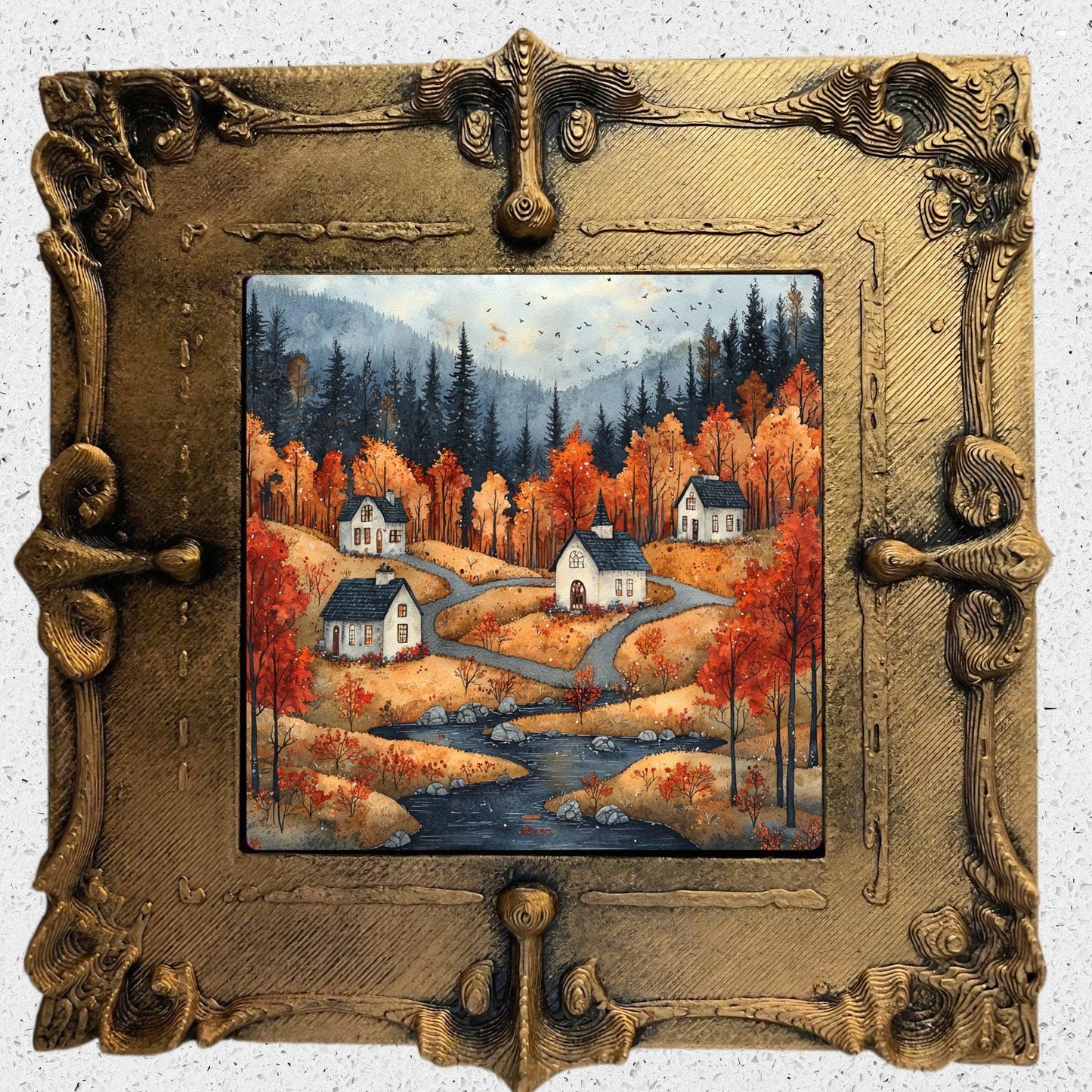 Fall Village Gold Framed Refrigerator Magnet, Mini Art, Grand Millennial Style, Artful Kitchen Decor, Gift for Her fridgescaping