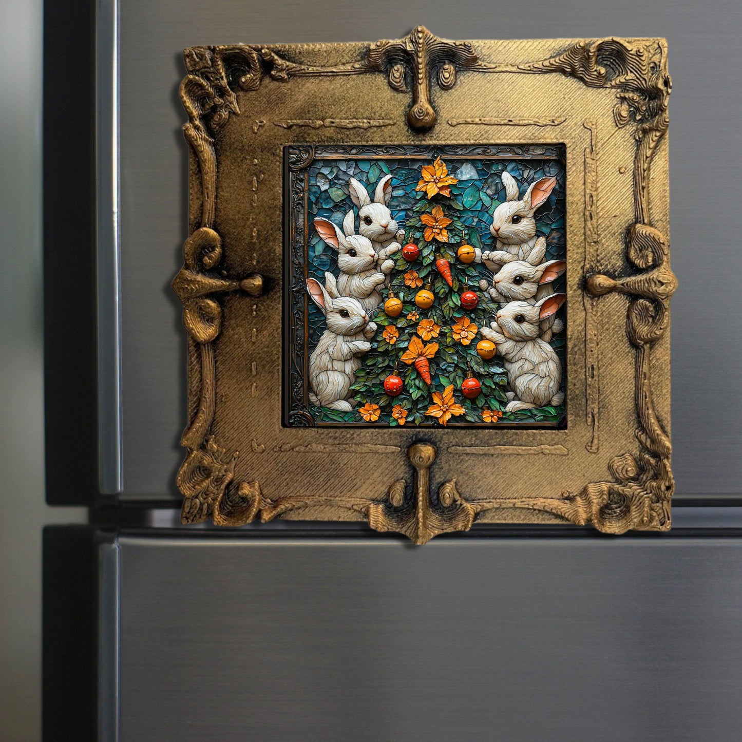 Bunny Carrots Christmas Tree Tiny Art Fridge Magnet Gold Framed Fridgescaping Art Picture Gallery Tiny Art Gift for Her Wife Mom