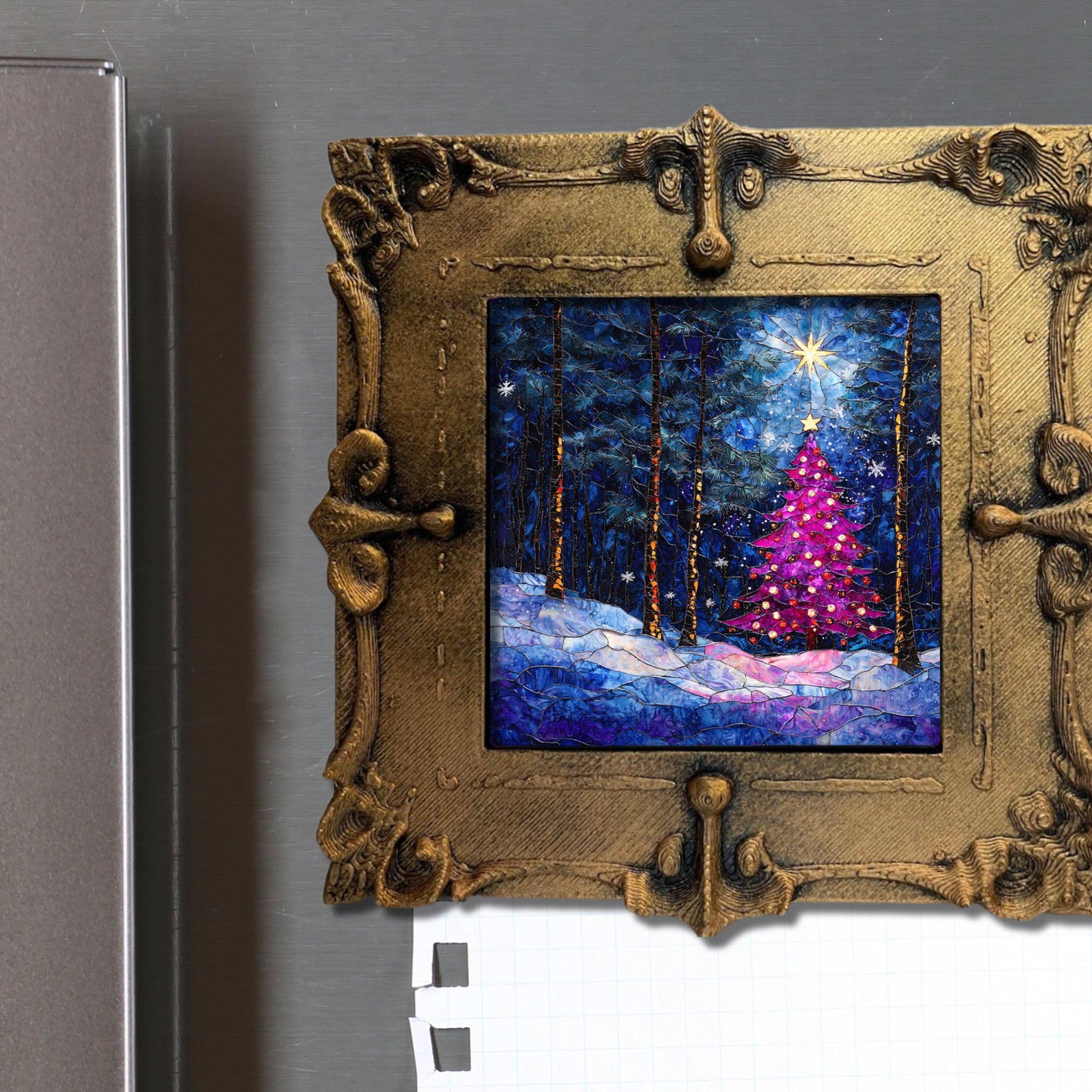 Pink Peaceful Christmas Tree Tiny Art Fridge Magnet Gold Framed Fridgescaping Art Picture Gallery Tiny Art Gift for Her Wife Mom