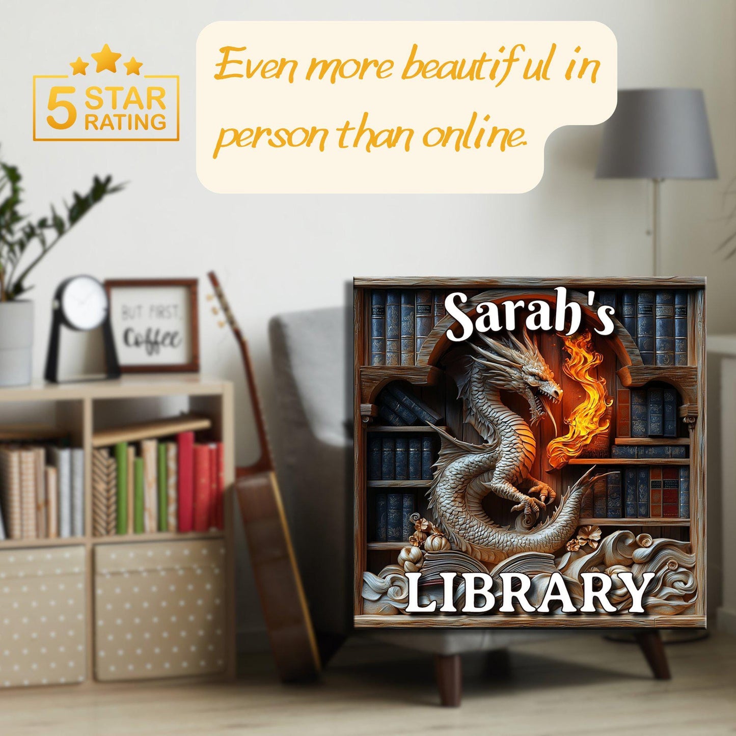 White Fiery Dragon Personalized Library Sign Fire Breathing Dragon Bookshelf Decor