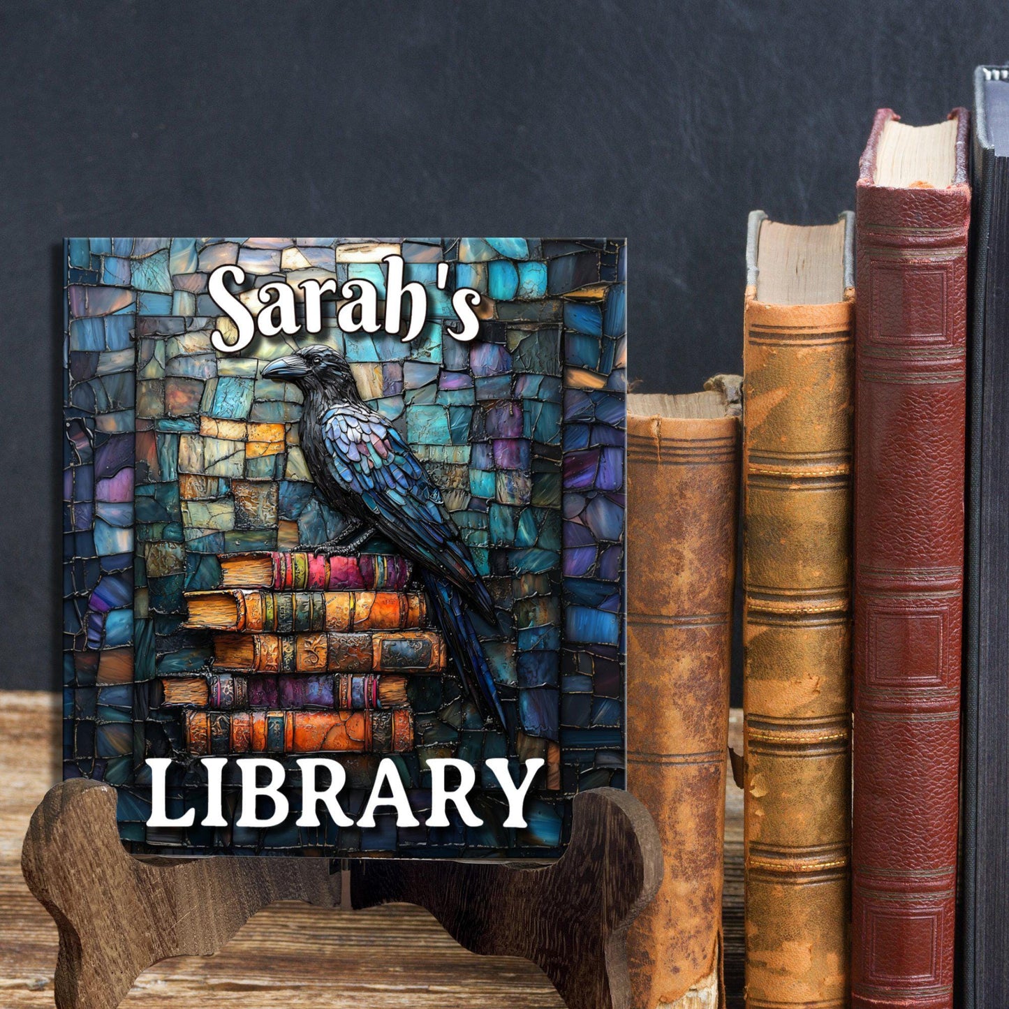 Raven Stack of Books Personalized Library Sign Book Lover Bookworm Biblio Gift Book Nook Shelf Decor Booktoker-Gift for Bookish