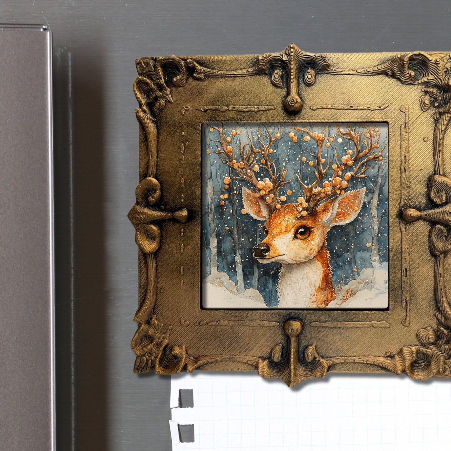 Reindeer Christmas Tiny Art Fridge Magnet Gold Framed Fridgescaping Art Picture Gallery Tiny Art Gift for Her Wife Mom