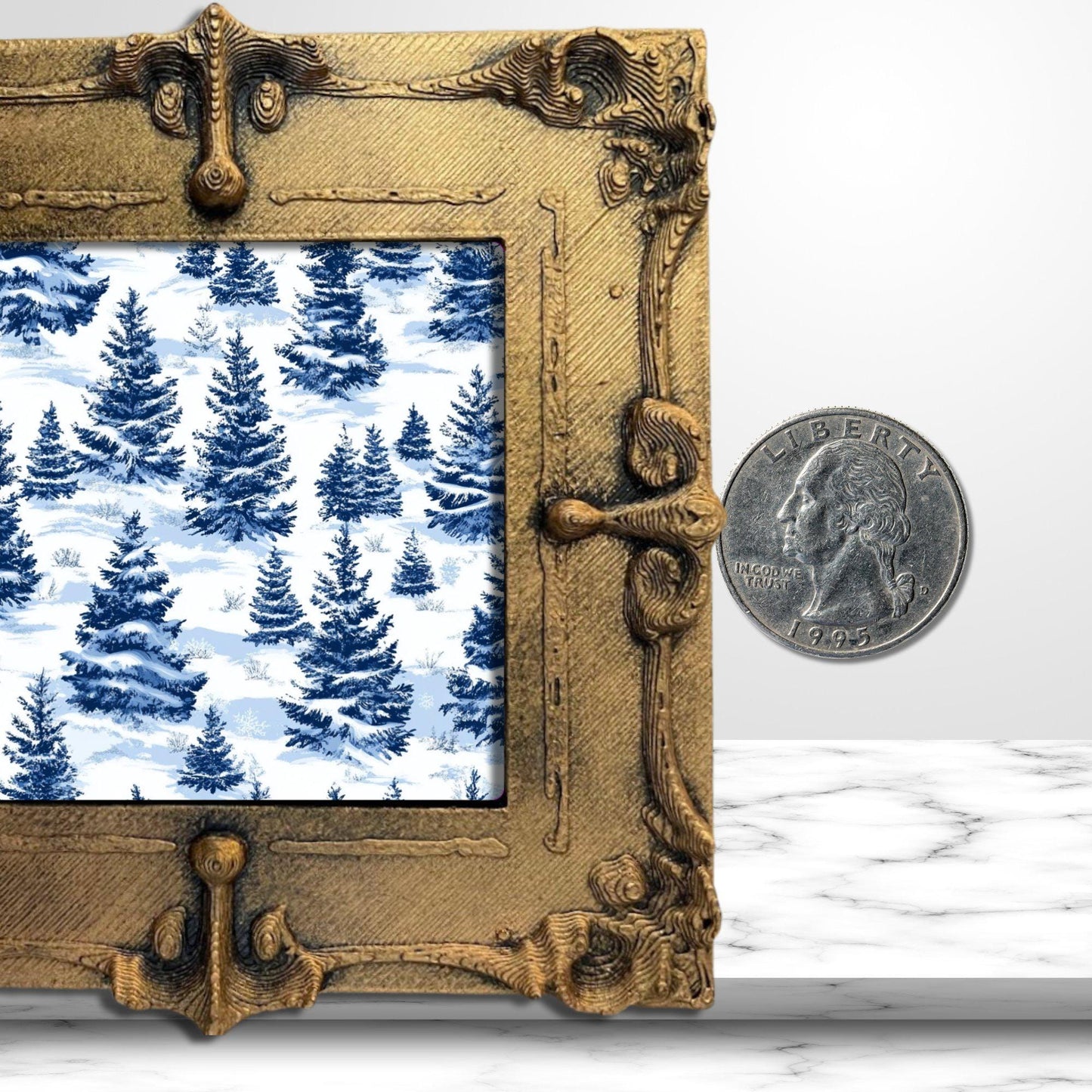 Blue Toile Snowy Christmas Tiny Art Fridge Magnet Gold Framed Fridgescaping Art Picture Gallery Tiny Art Gift for Her Wife Mom