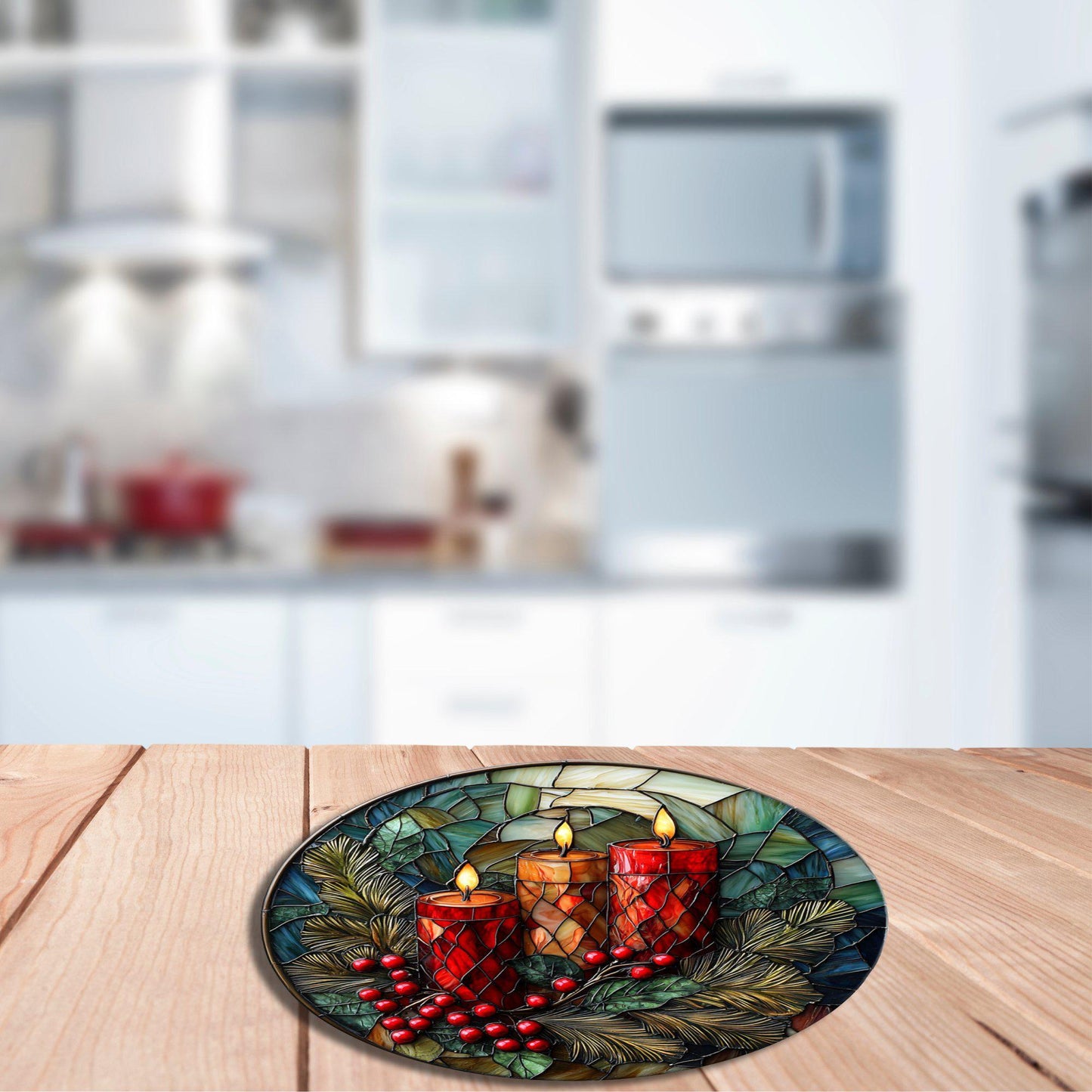 Christmas Candles Glass Cutting Board 8-inch Round Trivet Charcuterie Board Gift for Her Mom Kitchen Decor