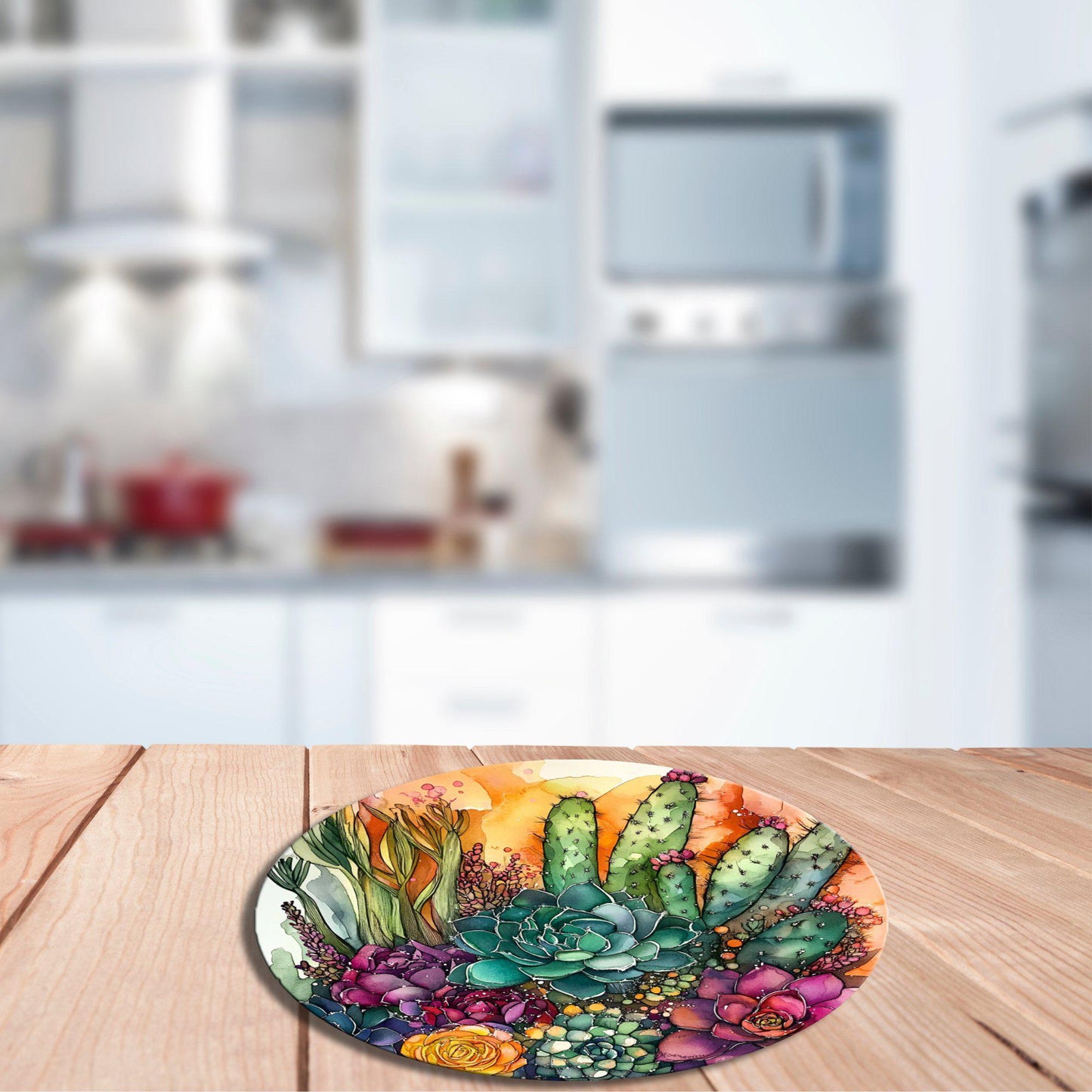 Succulents and Cacti Glass Cutting Board 8-inch Round Trivet Charcuterie Board Gift for Her Mom Kitchen Decor