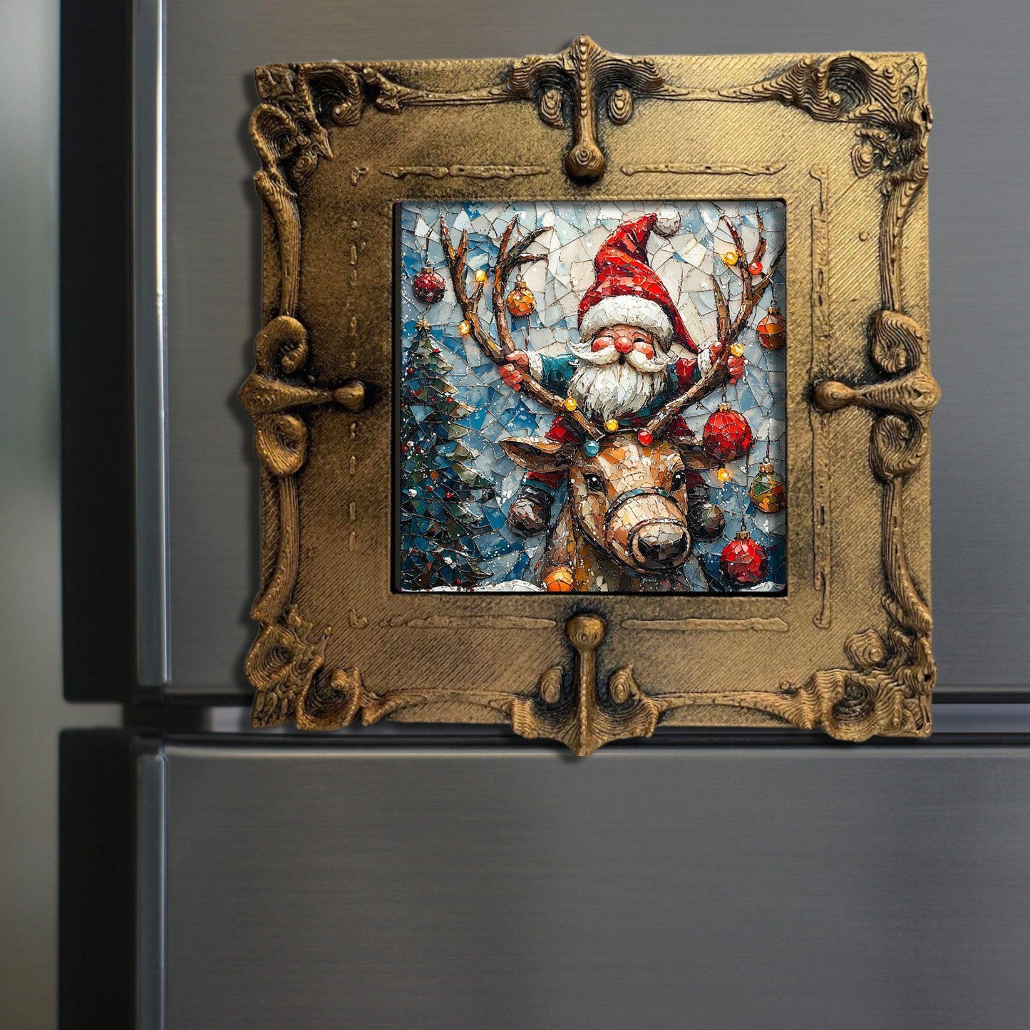 Christmas Gnome on Reindeer Tiny Art Fridge Magnet Gold Framed Fridgescaping Art Picture Gallery Tiny Art Gift for Her Wife Mom