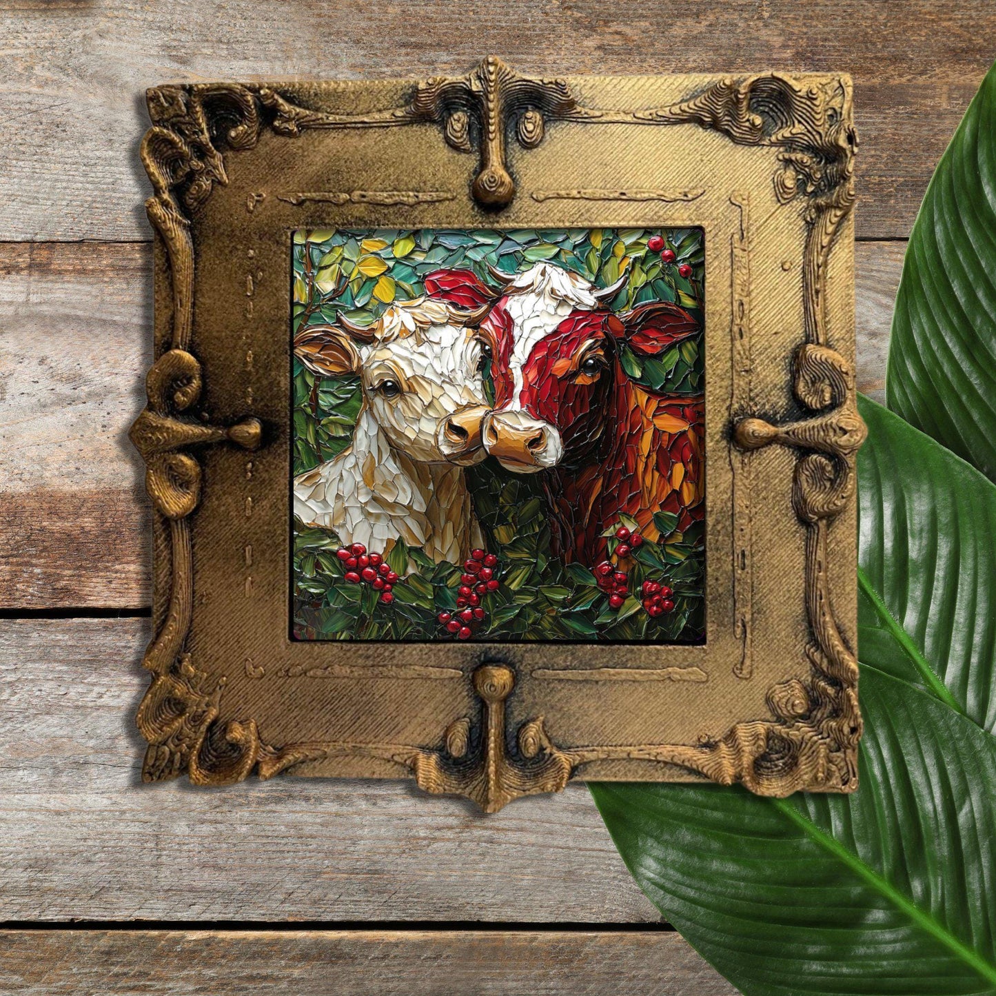 Cows Kissing Under Mistletoe Tiny Art Fridge Magnet Gold Framed Fridgescaping Art Picture Gallery Tiny Art Gift for Her Wife Mom