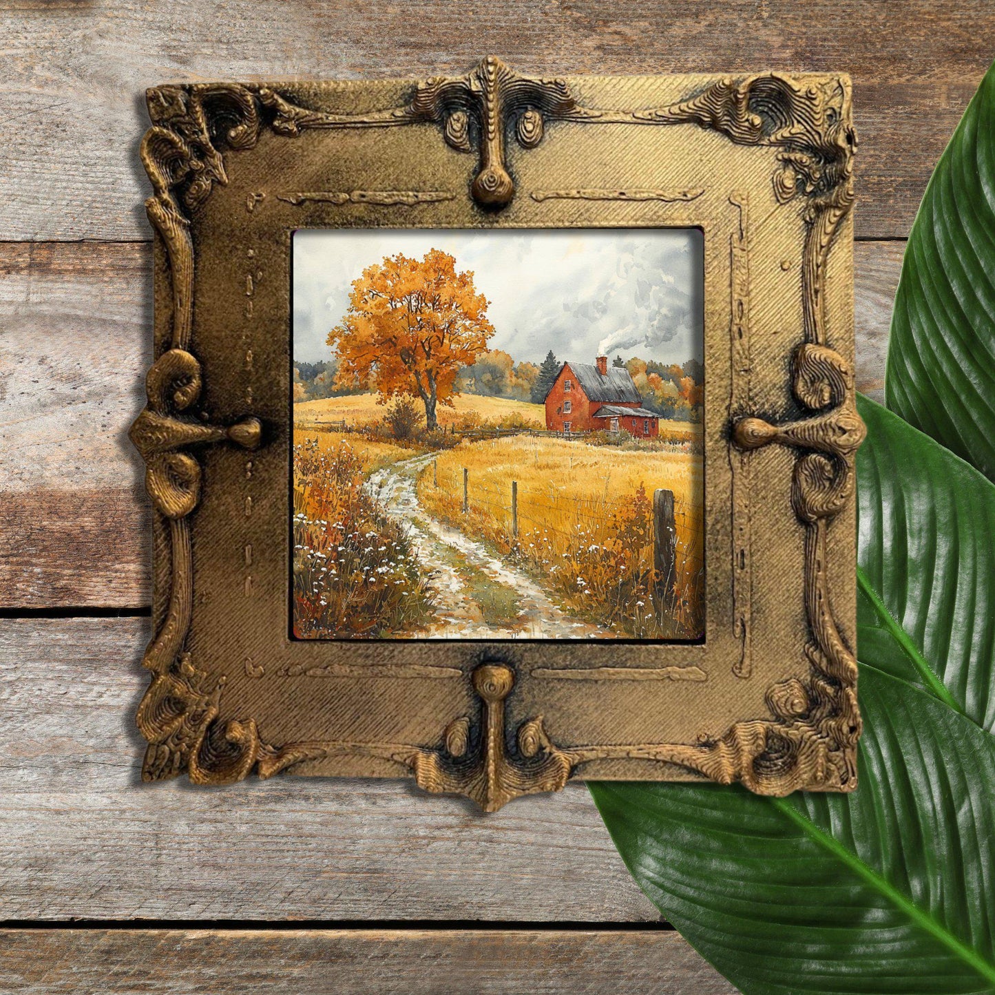 Rainy Autumn Farm Gold Framed Refrigerator Magnet, Mini Art, Grand Millennial Style, Artful Kitchen Decor, Gift for Her fridgescaping