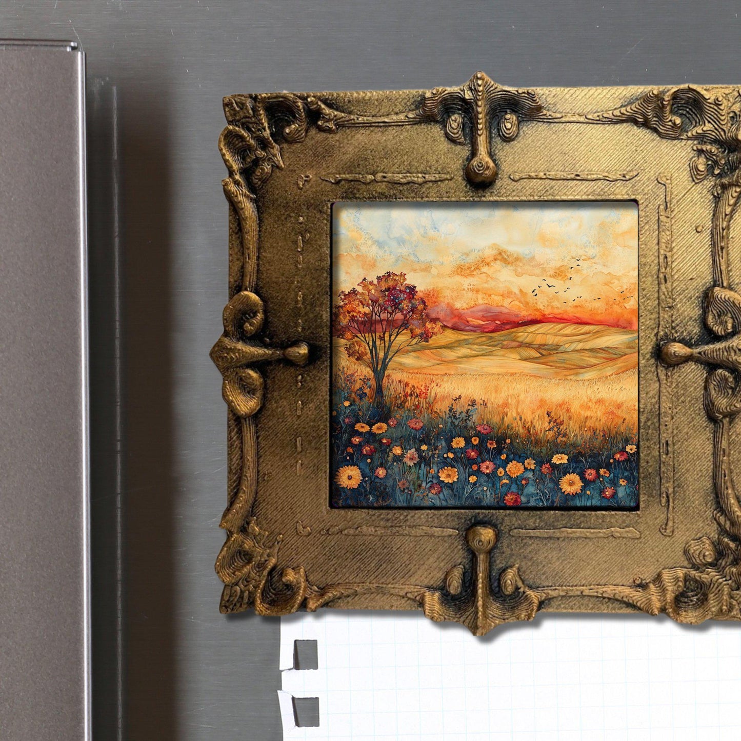 Autumn Wildflower Prairie Gold Framed Refrigerator Magnet, Mini Art, Grand Millennial Style, Artful Kitchen Decor, Gift for Her