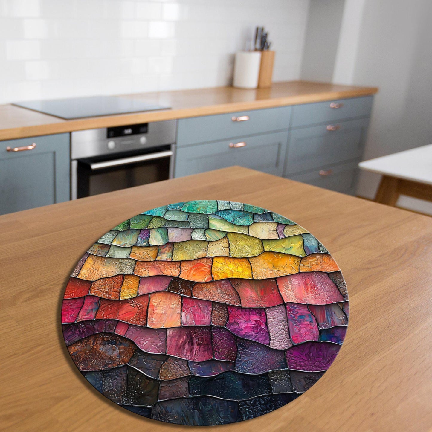 Stained Glass Gradient Glass Cutting Board 8-inch Round Trivet Charcuterie Board Gift for Her Mom Kitchen Decor