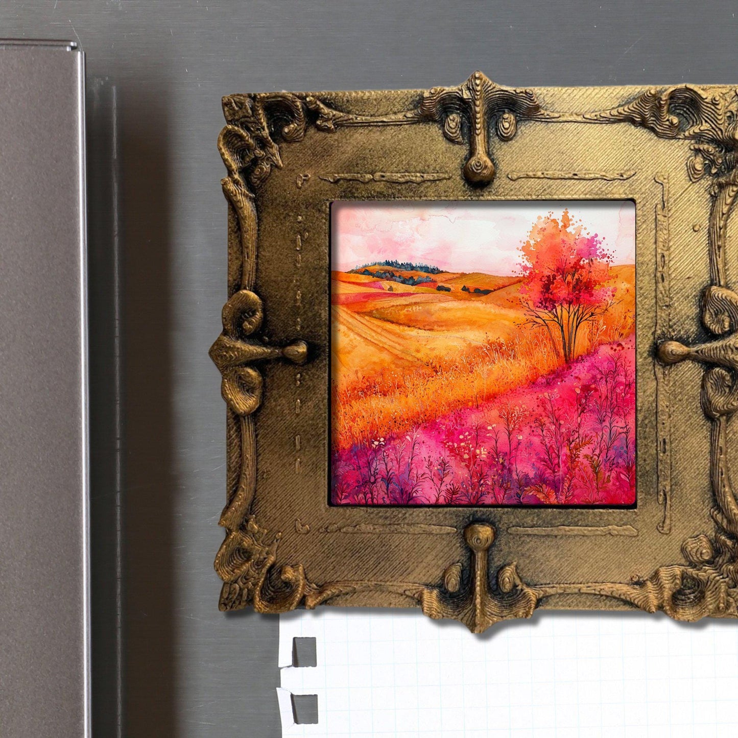 Fall in Pink and Orange Gold Framed Refrigerator Magnet, Mini Art, Grand Millennial Style, Artful Kitchen Decor, Gift for Her fridgescaping