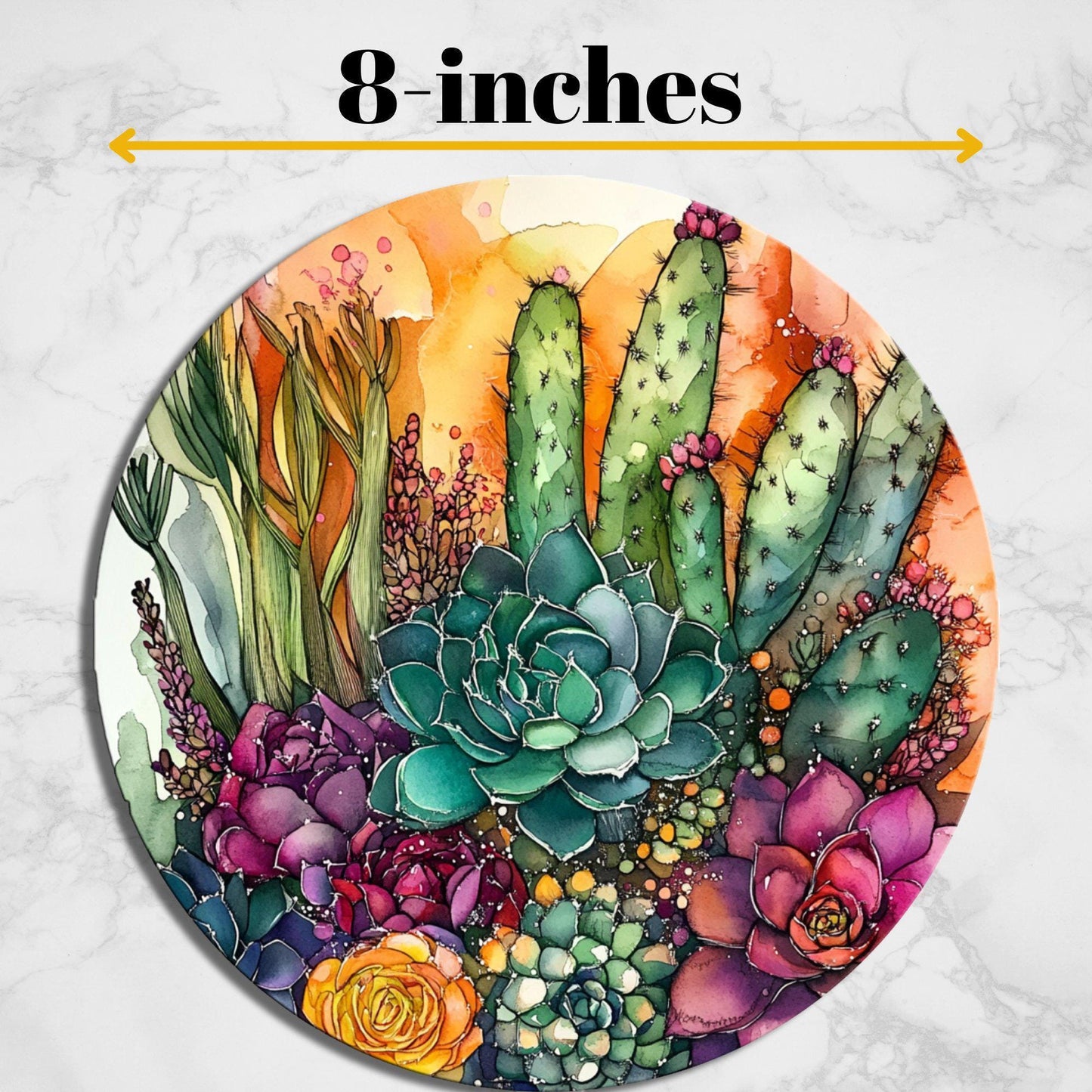 Succulents and Cacti Glass Cutting Board 8-inch Round Trivet Charcuterie Board Gift for Her Mom Kitchen Decor