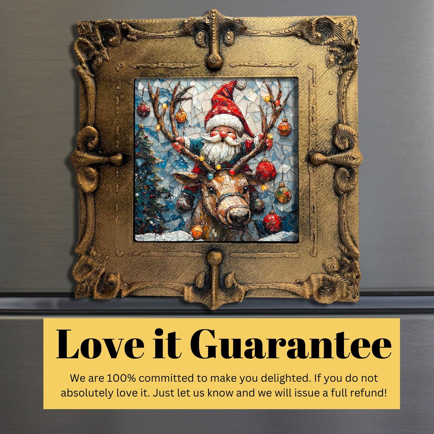 Christmas Gnome on Reindeer Tiny Art Fridge Magnet Gold Framed Fridgescaping Art Picture Gallery Tiny Art Gift for Her Wife Mom